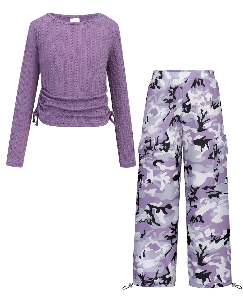 Girls Clothes Tween Girl Clothing Long Sleeve Ruched Drawstring Ribbed Knit Top Camo Cargo Pants Fall Winter Outfits