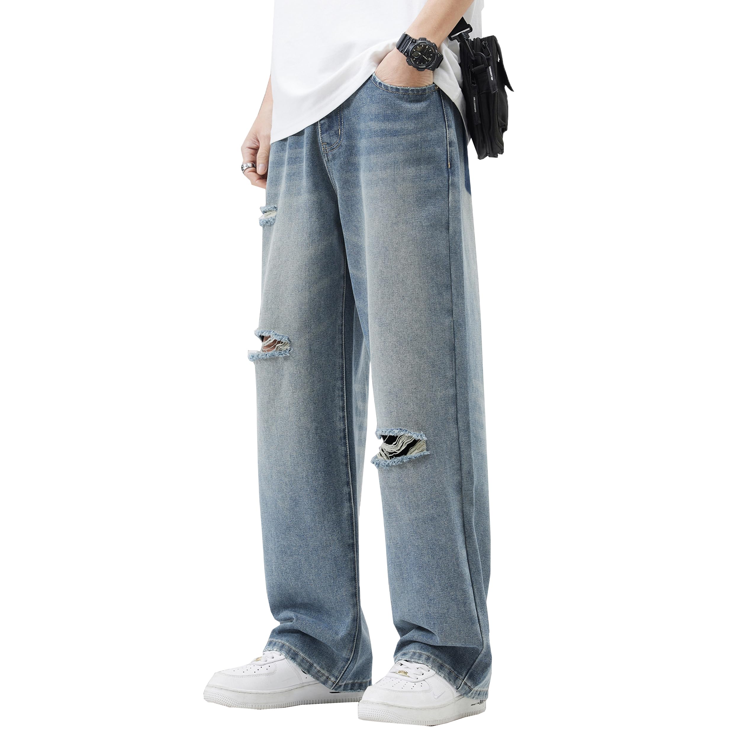 DOSLAVIDA Men's Baggy Jeans Loose Fit Ripped Distressed Jean Relaxed Skateboard Denim Pants with Holes