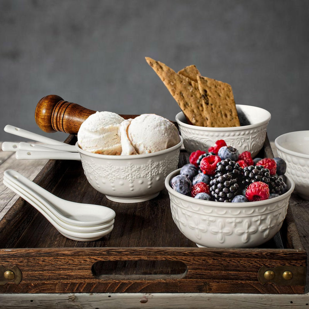 Large Salad Bowls Set of 4, 60oz White Serving Bowls Deep Deep Embossed Ceramic Mixing Bowl for Soup Kitchen, Eating, Ramen, Pasta, Dishwasher & Microwave Safe 8 inch (Multiple Patterns)