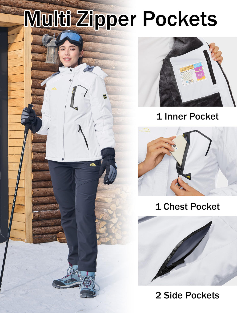 MAGCOMSEN Womens Ski Jacket Waterproof Insulated Snow Jacket Warm Windproof Winter Coats with Hood Fleece Lined Jacket