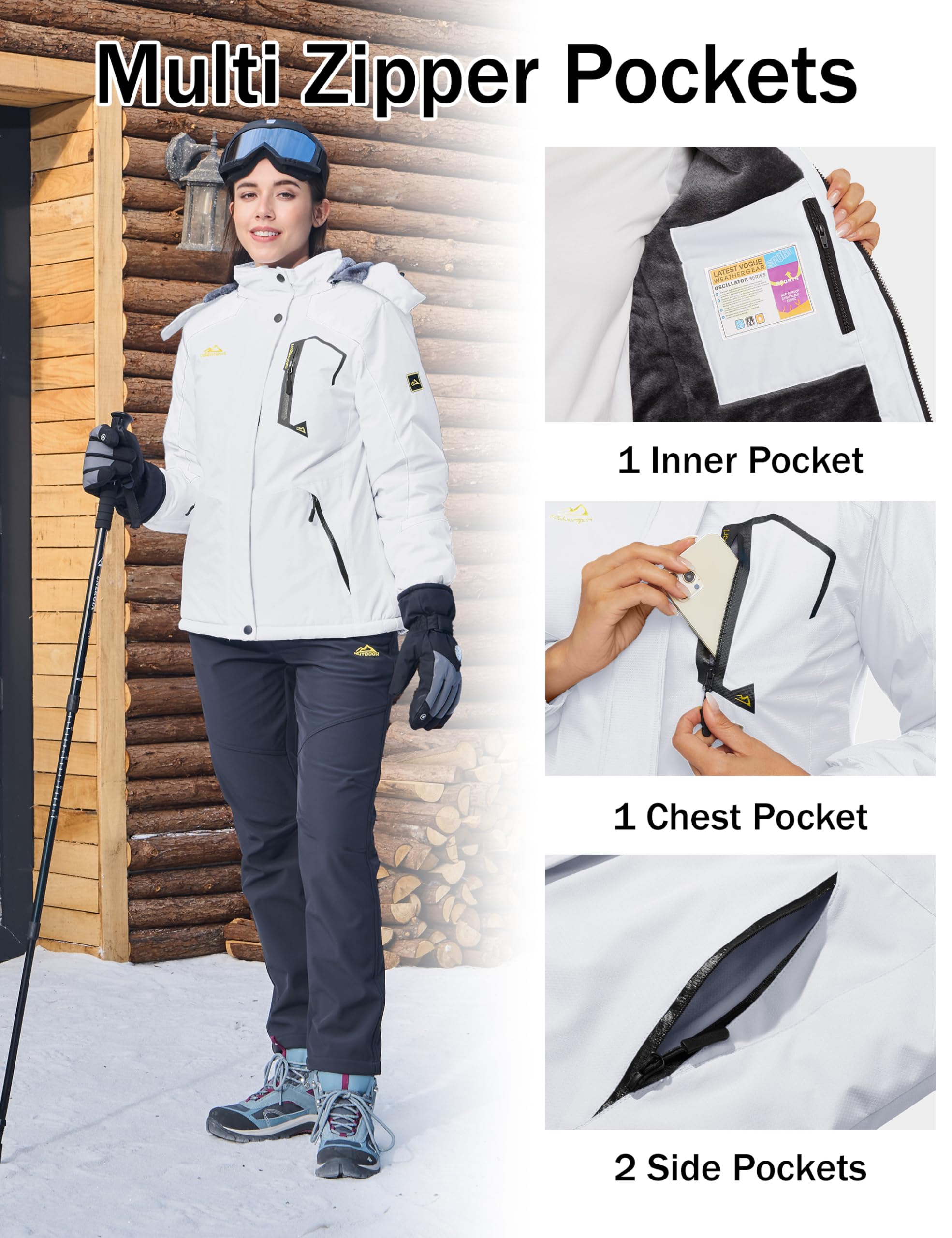 MAGCOMSEN Womens Ski Jacket Waterproof Insulated Snow Jacket Warm Windproof Winter Coats with Hood Fleece Lined Jacket