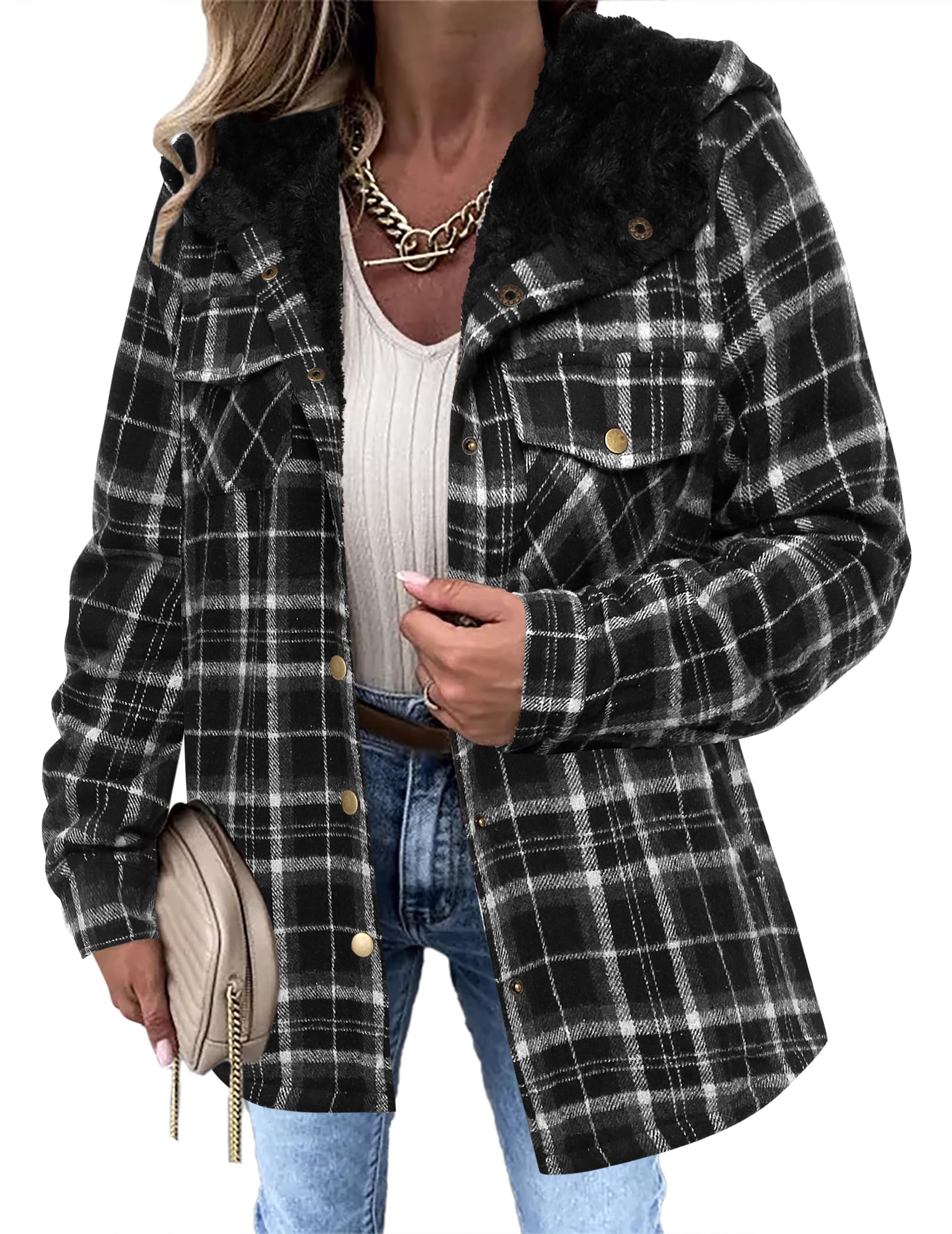 Zeagoo Womens Plaid Shacket Jacket Long Sleeve Fleece Hooded Jackets Fall Winter Warm Coat S-2XL