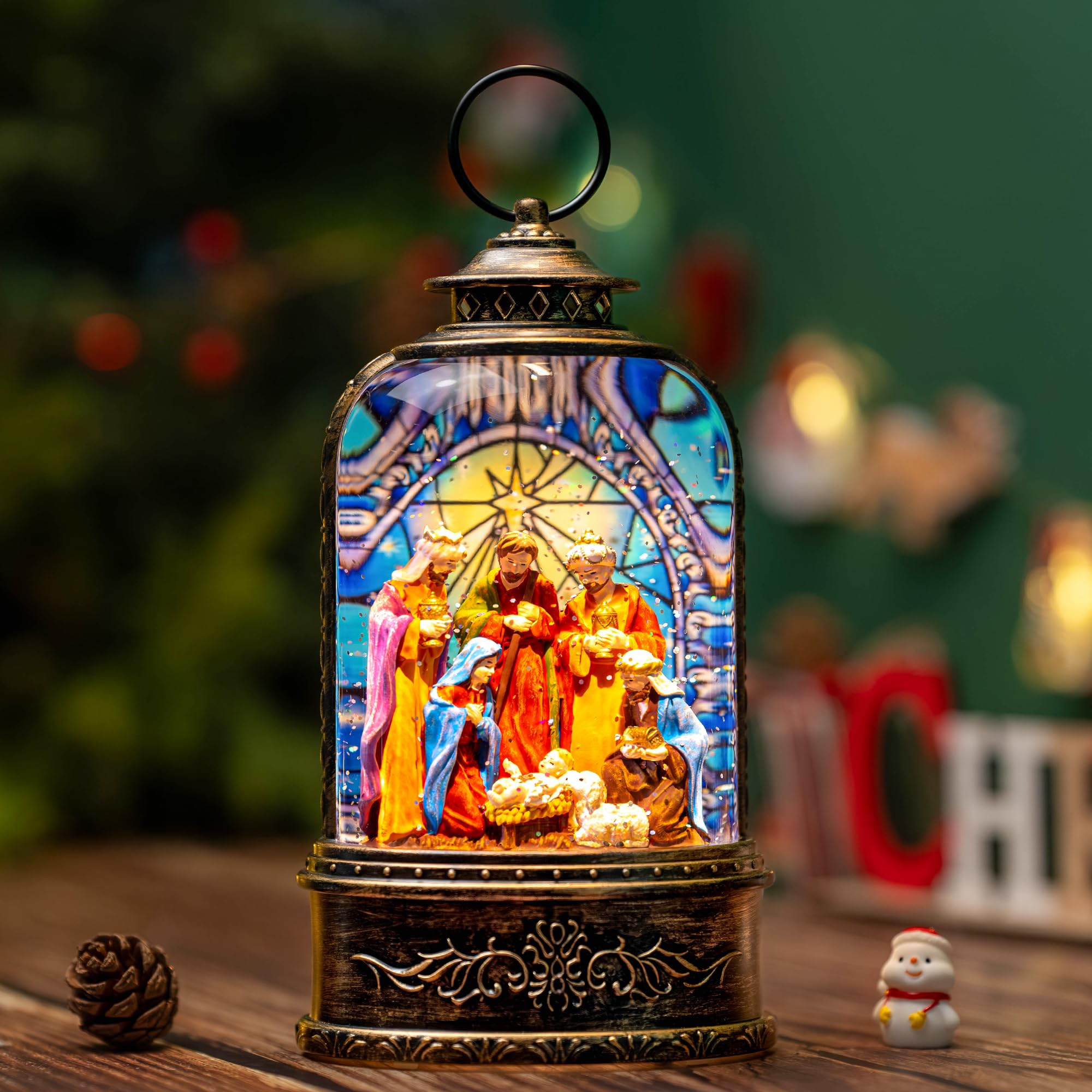 Fall Snow Globe Lantern with Autumn Turkey and Pumpkins Thanksgiving LED Decor for Home, Indoor Tabletop Centerpiece with Glitter Flakes, Harvest Light Decorations