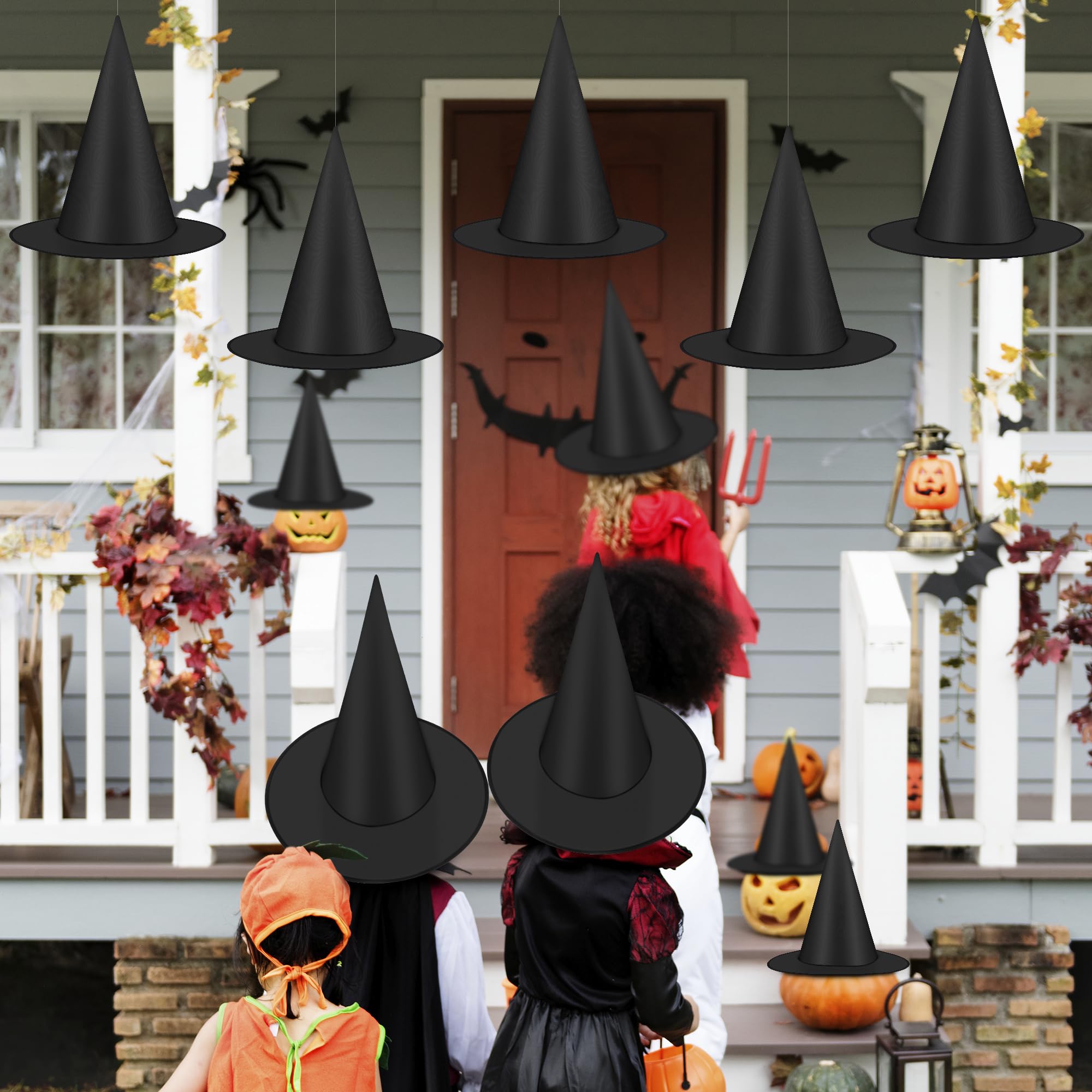 12 PCS Halloween Witch Hats, Black Hanging Witch Hat, Witch Costume Accessories Witches Hat with 328 FT Nylon Cord Wizard Hats Indoor Outdoor Halloween Decorations for Home Yard Porch Ceiling