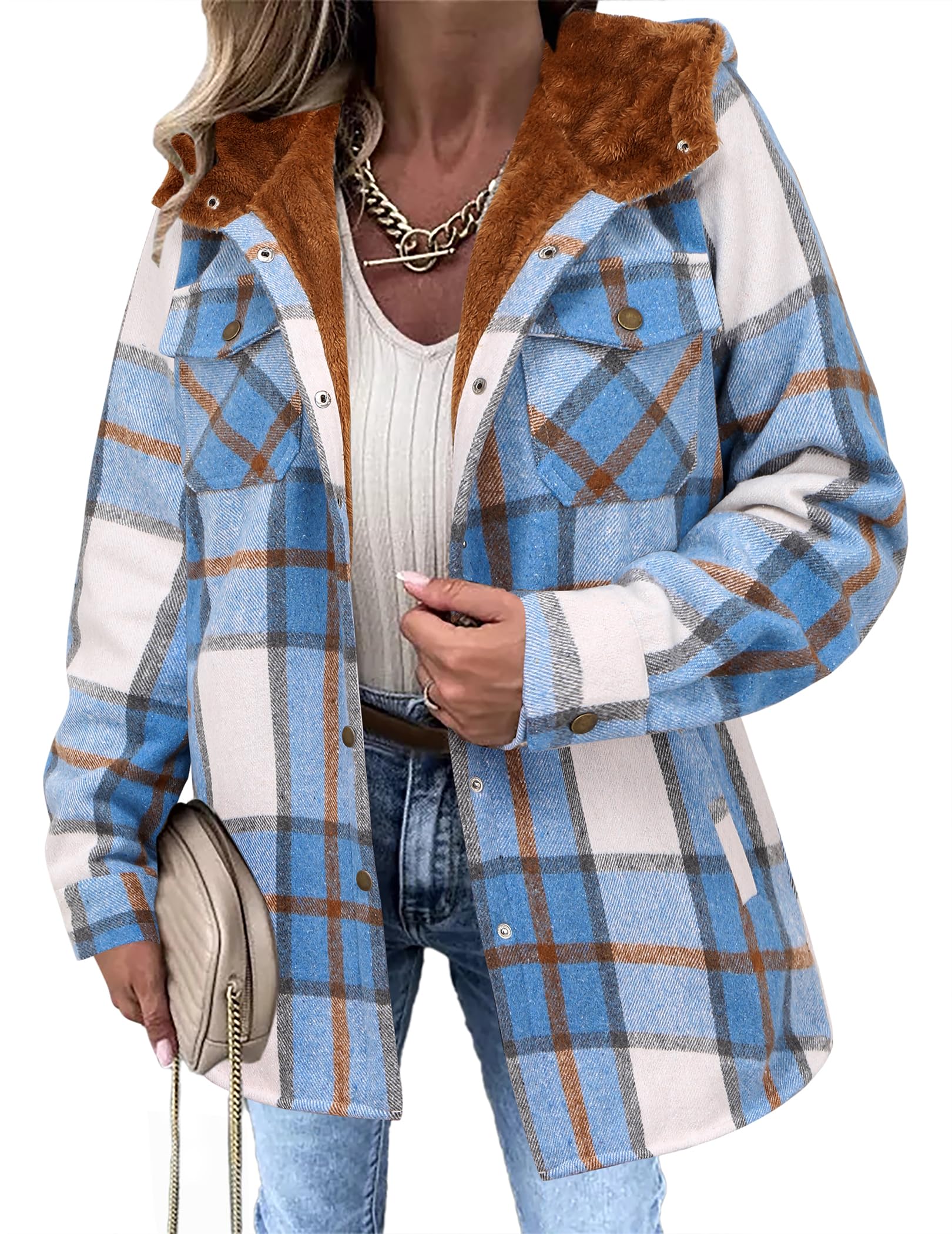 Zeagoo Womens Plaid Shacket Jacket Long Sleeve Fleece Hooded Jackets Fall Winter Warm Coat S-2XL