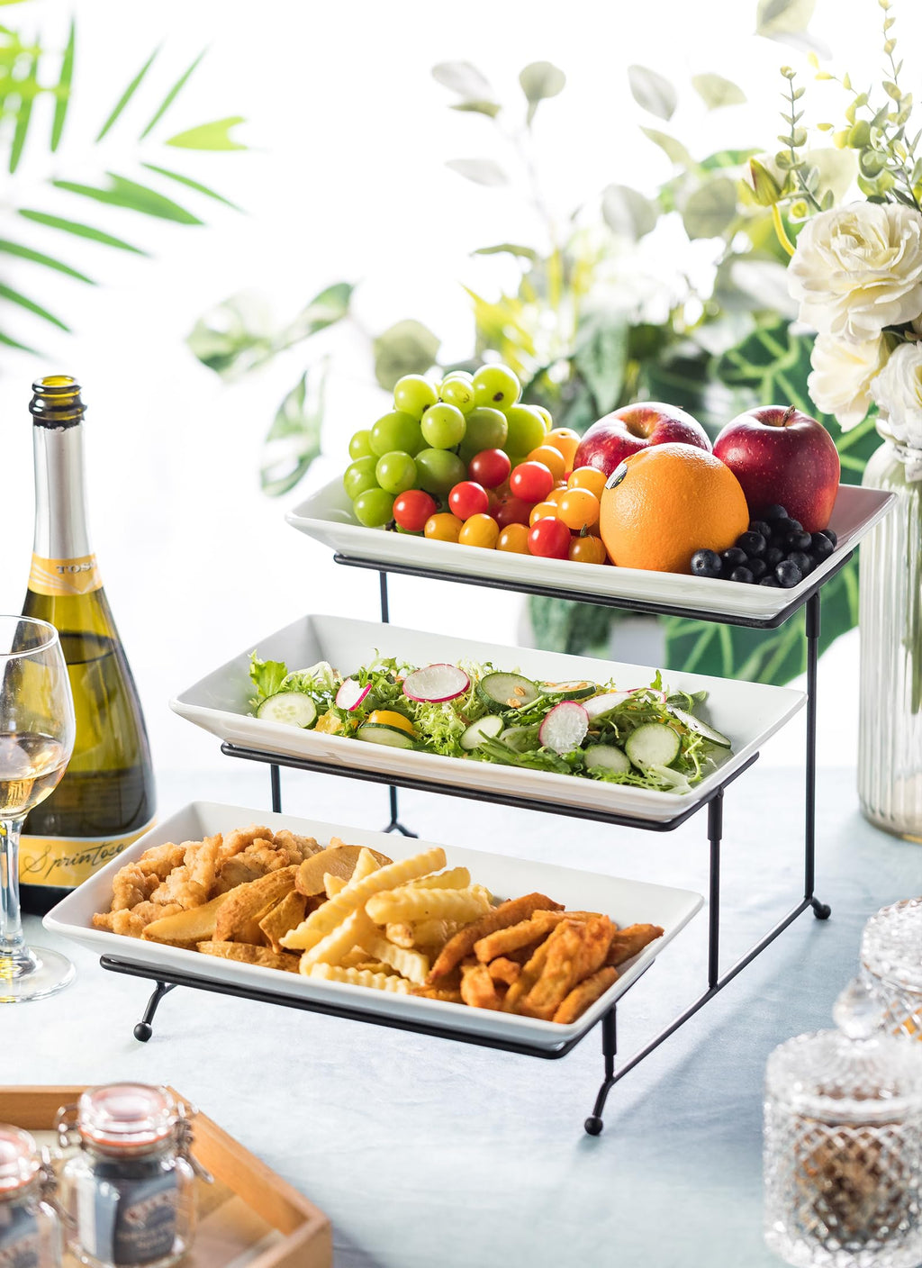 LYEOBOH 3 Tier Serving Bowls Set with Collapsible Thicker Metal Stand, Oval Serving Dishes for Entertaining Tiered Serving Stand for Fruit, Dessert, Candy, Chip and Dip (Black)