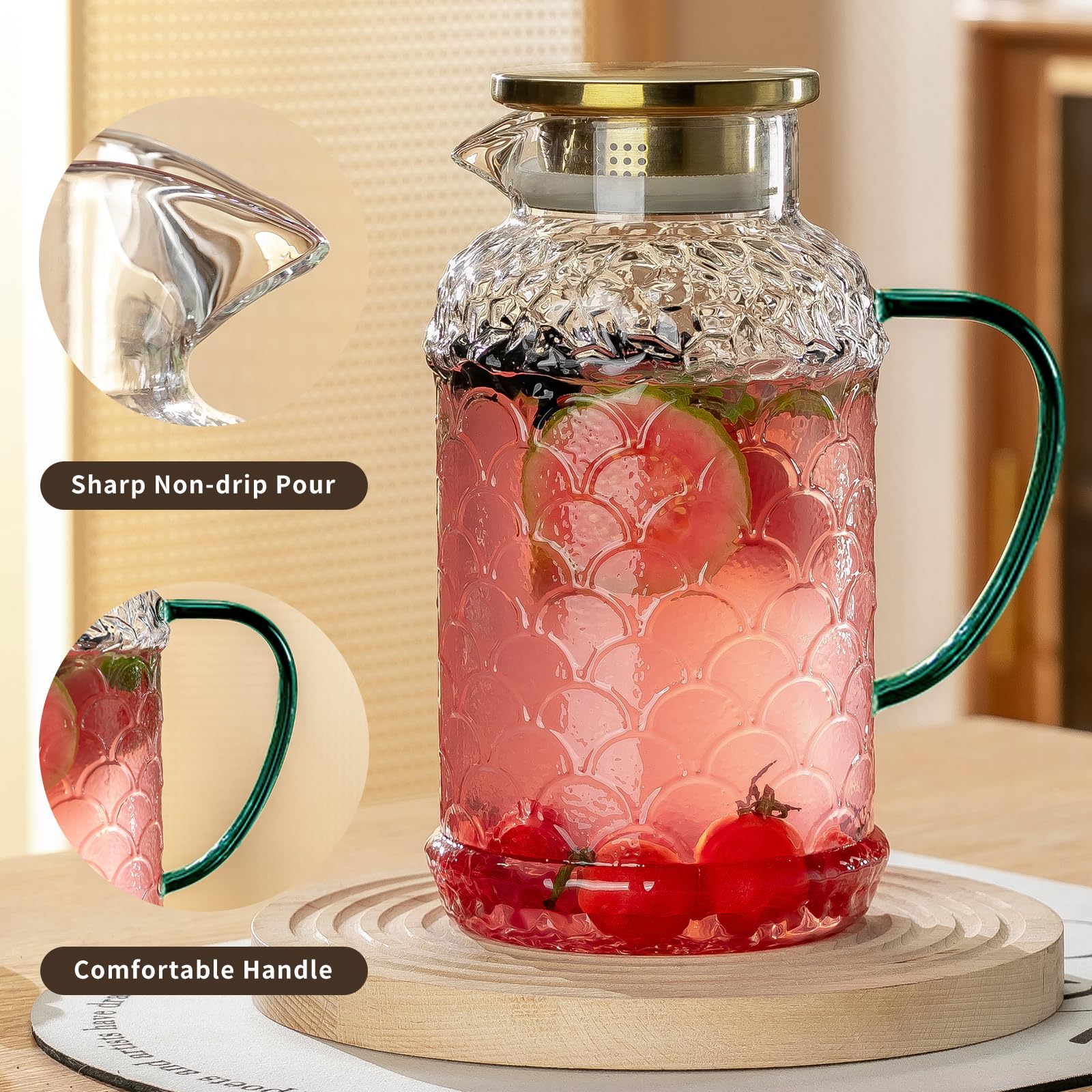 Glass Pitcher with Lid, 2 PACK 68 oz/2 Liter Vintage Water Pitcher, Clear Borosilicate Glass Water Carafe for Cold Brew, Coffee, Lemonade, Iced Sun Tea,Beverage, Milk, Heat Resistant