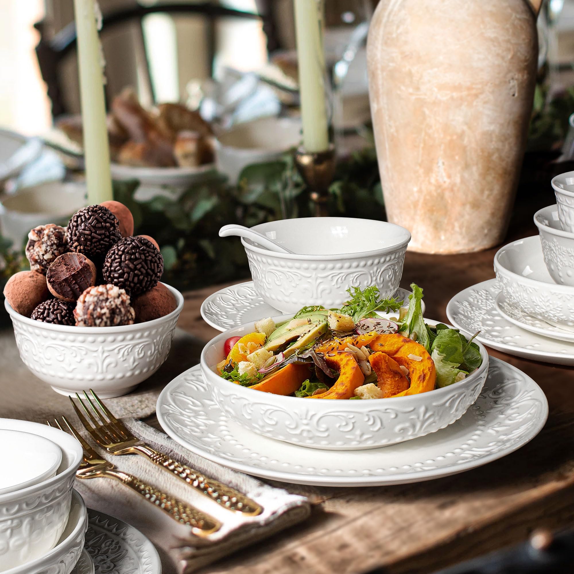 Large Salad Bowls Set of 4, 60oz White Serving Bowls Deep Deep Embossed Ceramic Mixing Bowl for Soup Kitchen, Eating, Ramen, Pasta, Dishwasher & Microwave Safe 8 inch (Multiple Patterns)