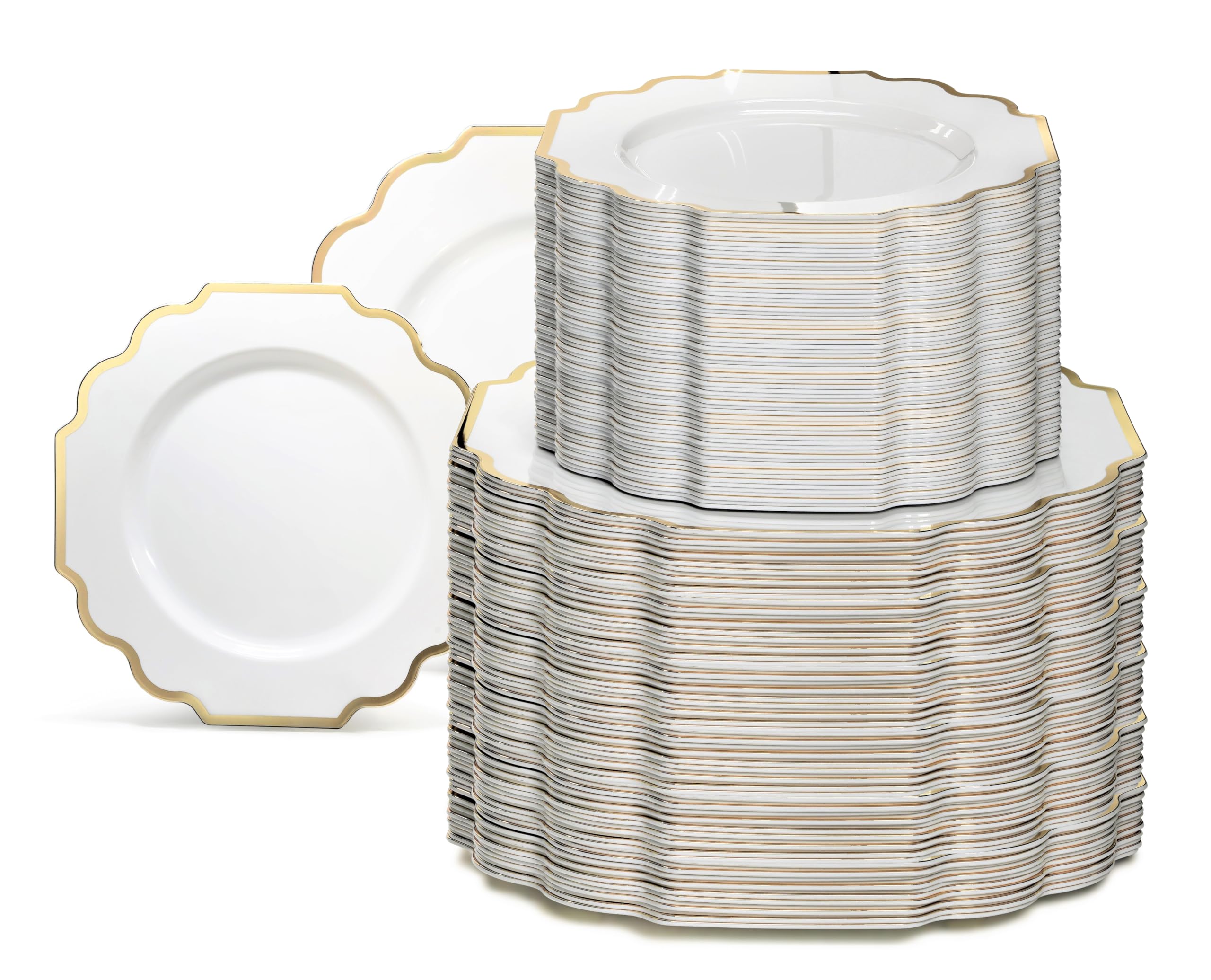 " OCCASIONS " 50 Plates Pack (25 Guests)-Heavyweight Wedding Party Disposable Plastic Plate Set -(25x10.5'' Dinner + 25x8'' Salad/Dessert) (Imperial White & Gold)