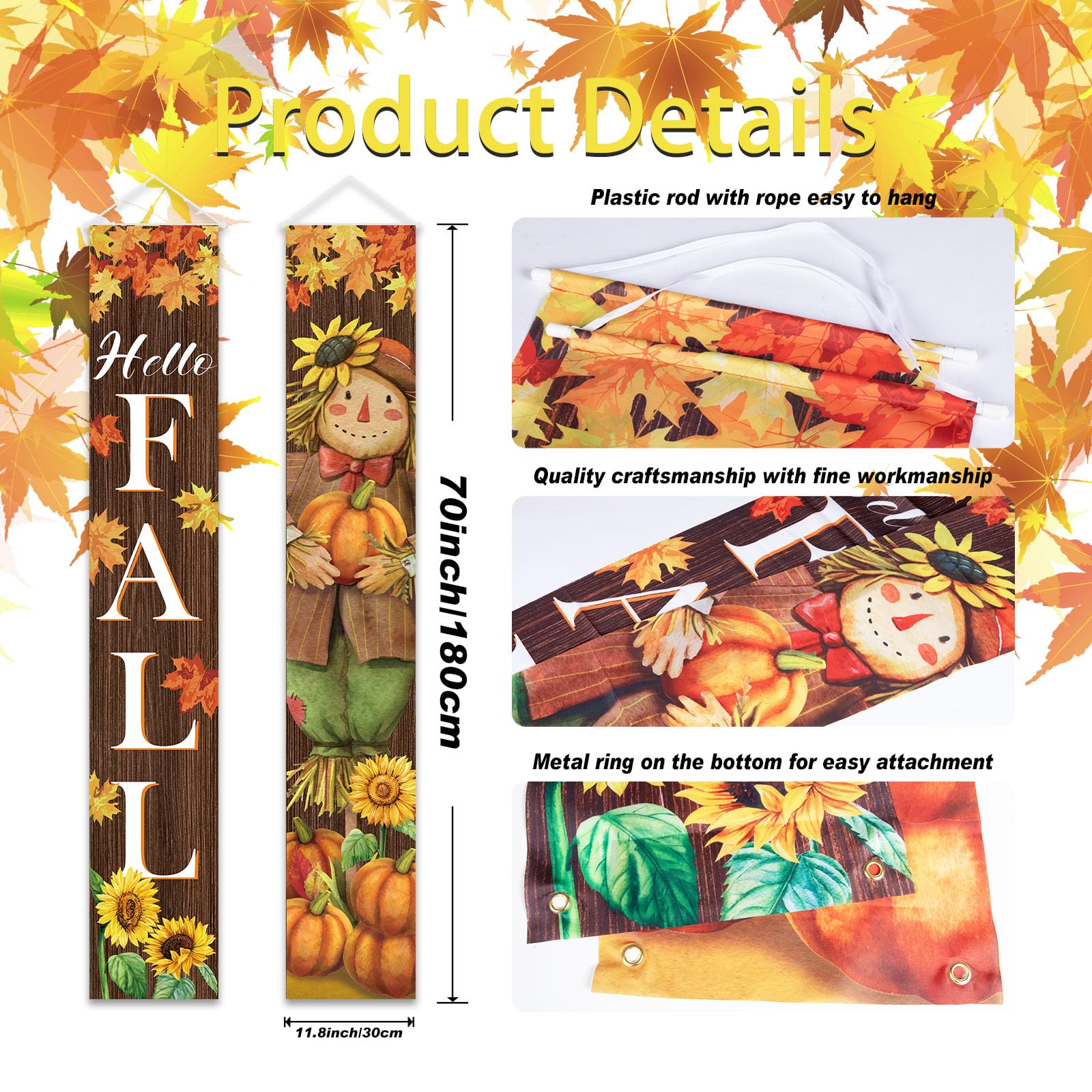Fall Harvest Scarecrow Porch Banner Sign - Autumn Thanksgiving Front Door Decorations, 12 x 71 Inch