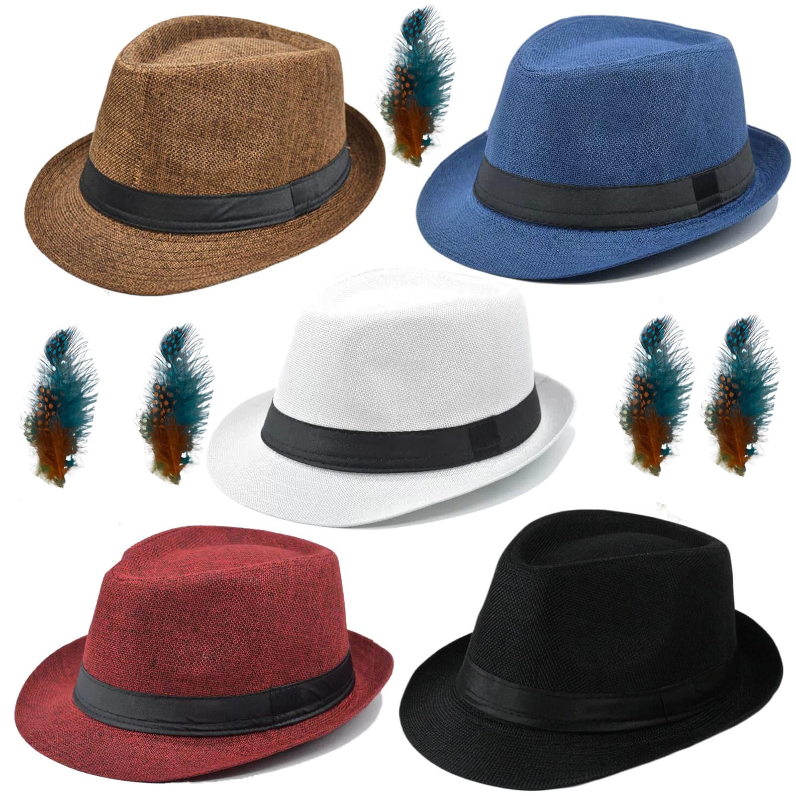 5 Pack Bulk Cuban Fedora Sun Hats Men with Adjustable Strap, Short Brim 1920s Unisex Party Costume Hats Women.