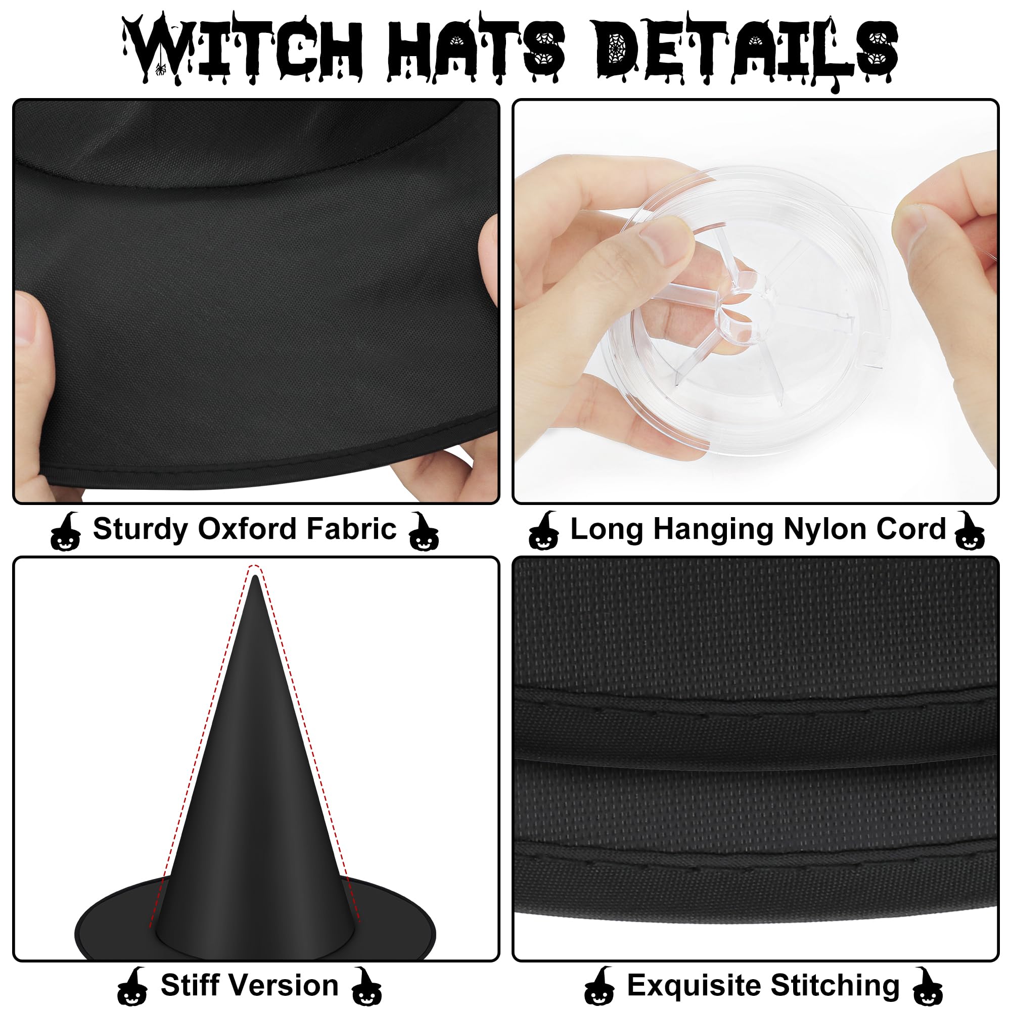 12 PCS Halloween Witch Hats, Black Hanging Witch Hat, Witch Costume Accessories Witches Hat with 328 FT Nylon Cord Wizard Hats Indoor Outdoor Halloween Decorations for Home Yard Porch Ceiling