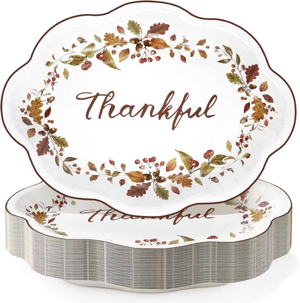 50 Pcs Thanksgiving Leaves Oval Paper Plates 9.6"x12"Autumn Berry Heavy Duty Party Plates Fall Maple Large Disposable Plates for Fall Harvest Give Thanks Party Supply