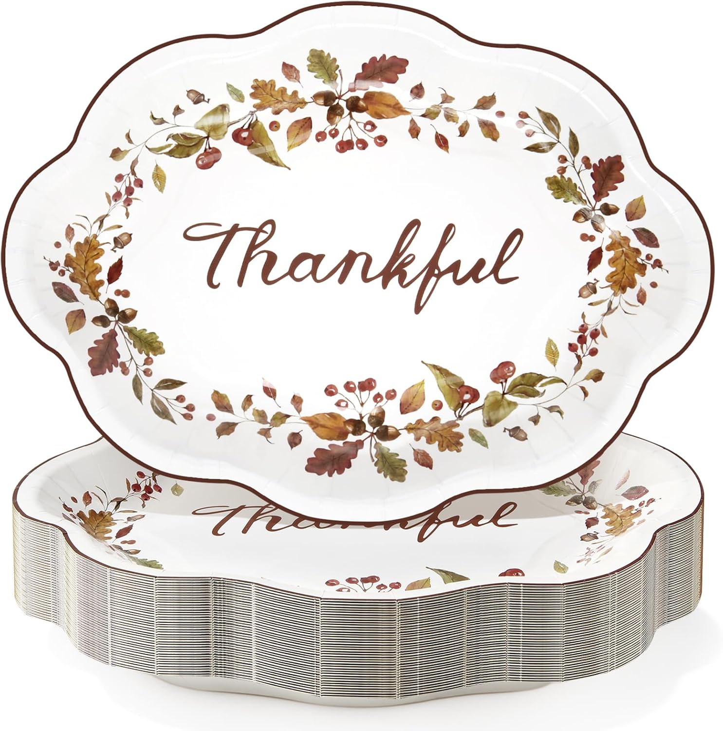 50 Pcs Thanksgiving Leaves Oval Paper Plates 9.6"x12"Autumn Berry Heavy Duty Party Plates Fall Maple Large Disposable Plates for Fall Harvest Give Thanks Party Supply