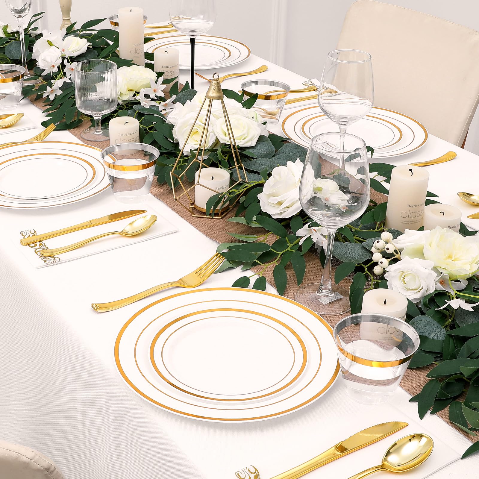 350-Piece Gold Rim Plastic Dinnerware Set for 50 Guests, Elegant Disposable Dinnerware for Party, Wedding. Includes Dinner Plates, Dessert Plates, Gold Silverware, Napkins, Cups