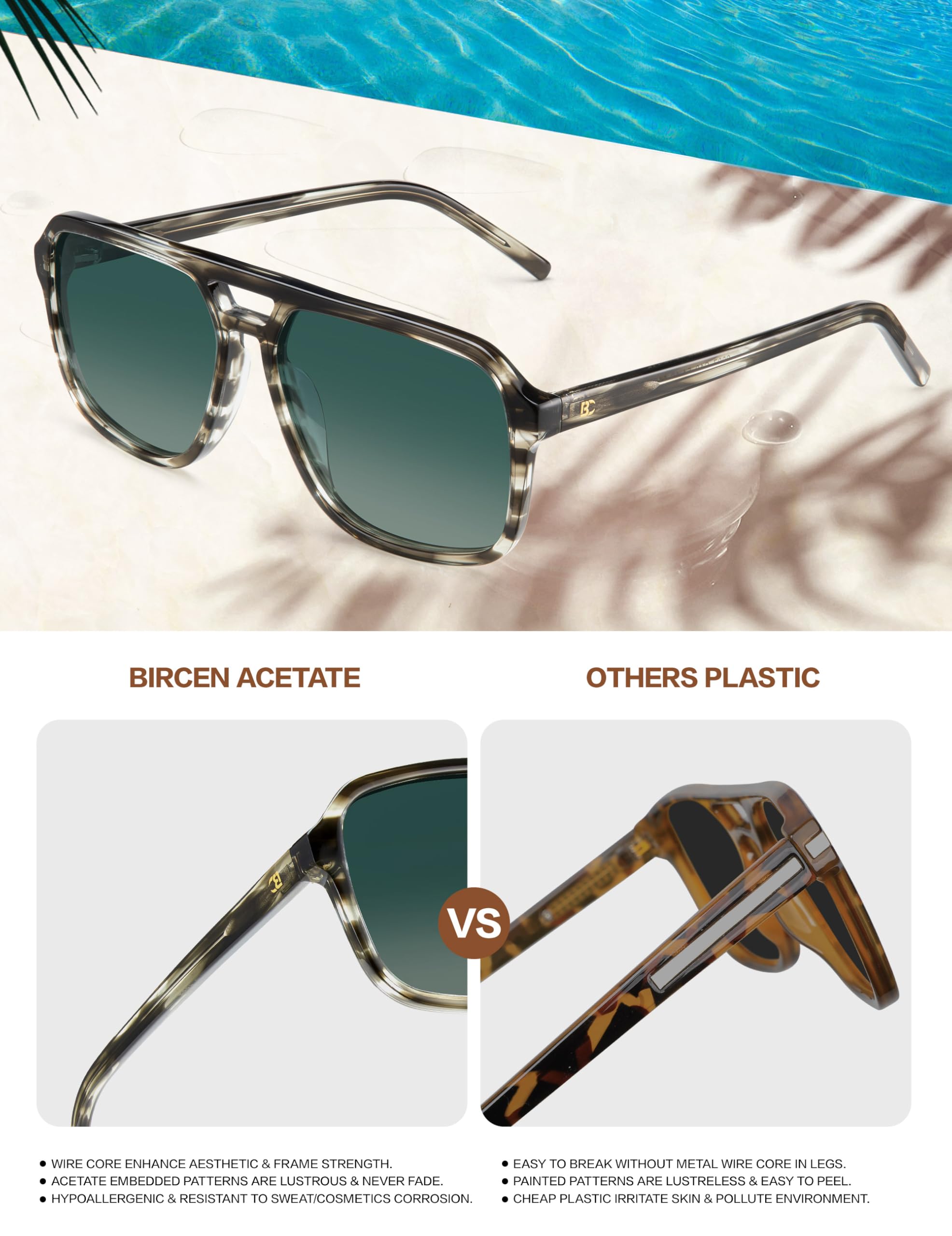 BIRCEN Women Polarized Acetate Sunglasses: Fashion Square Aviator Shades UV Protection for Trendy Laides Travel Beach Outdoor