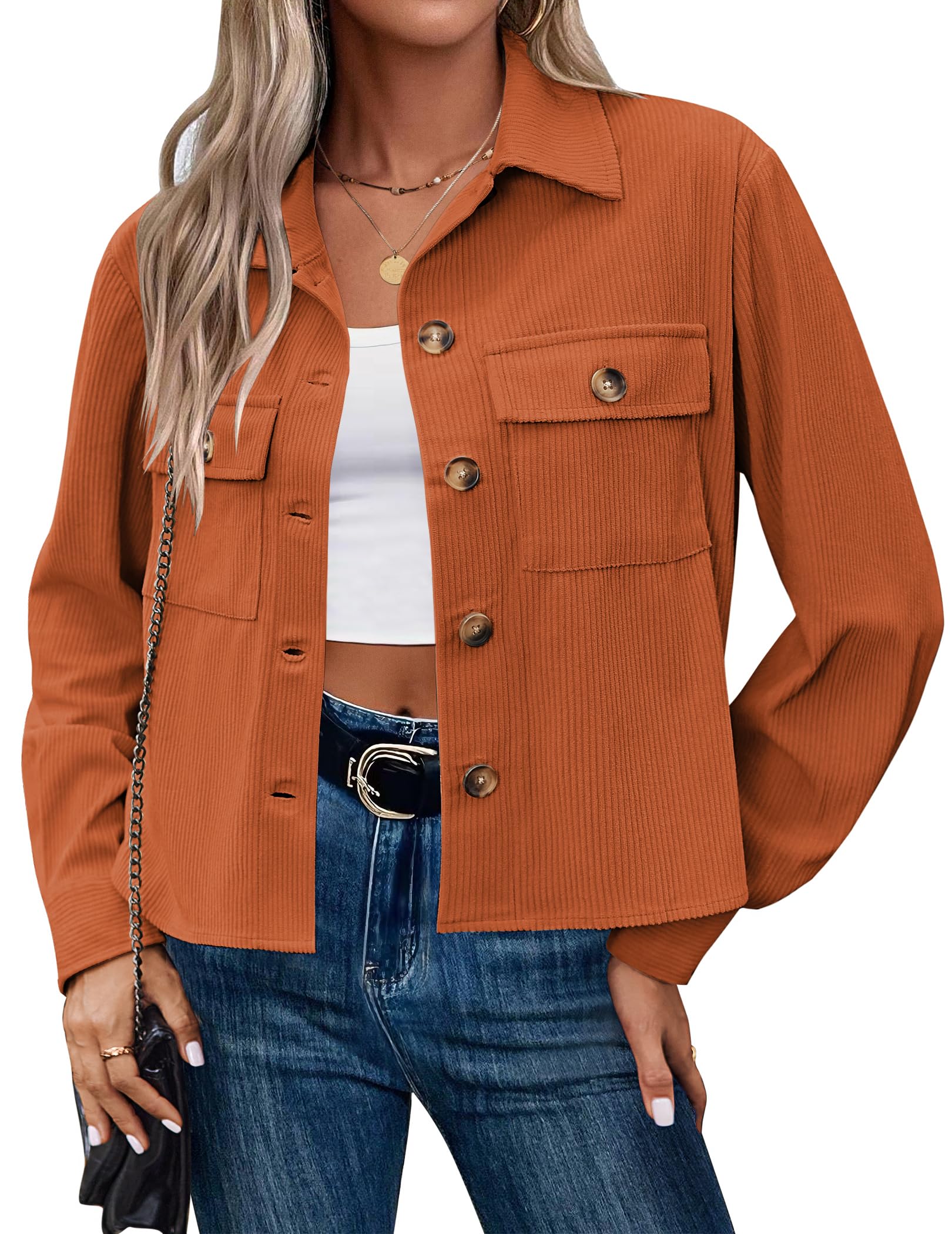 Zeagoo Womens Fashion Cropped Corduroy Shackets Button Down Jackets Tops Fall Trendy Long Sleeve Shirts