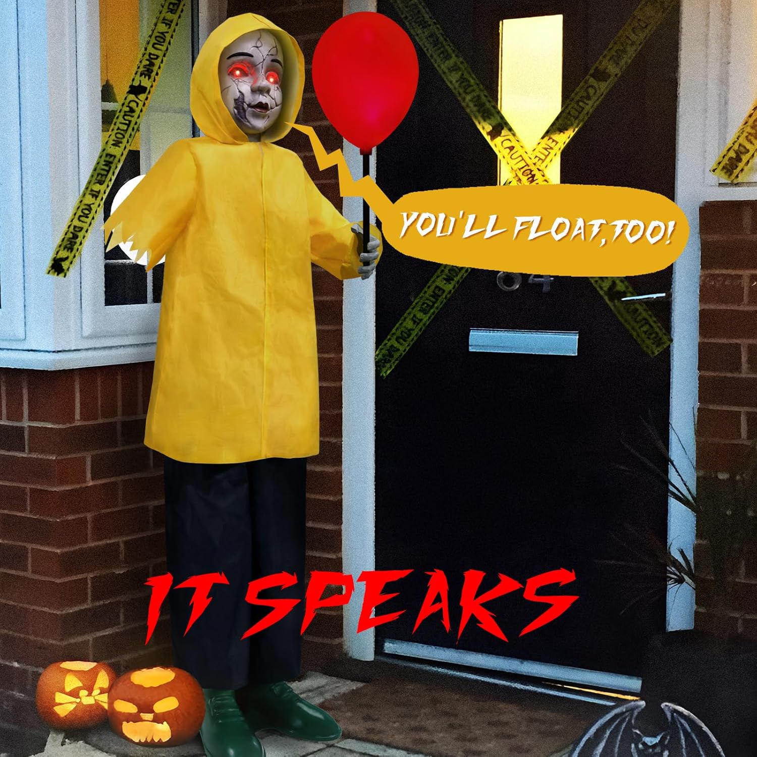 Halloween Decorations Outdoor, 4 Ft Life Size Animatronics Prop with Glowing Balloon, Sound-Activated Sensor, Scary Decor for Home Party Indoor Outside Garden Lawn Grave Yard