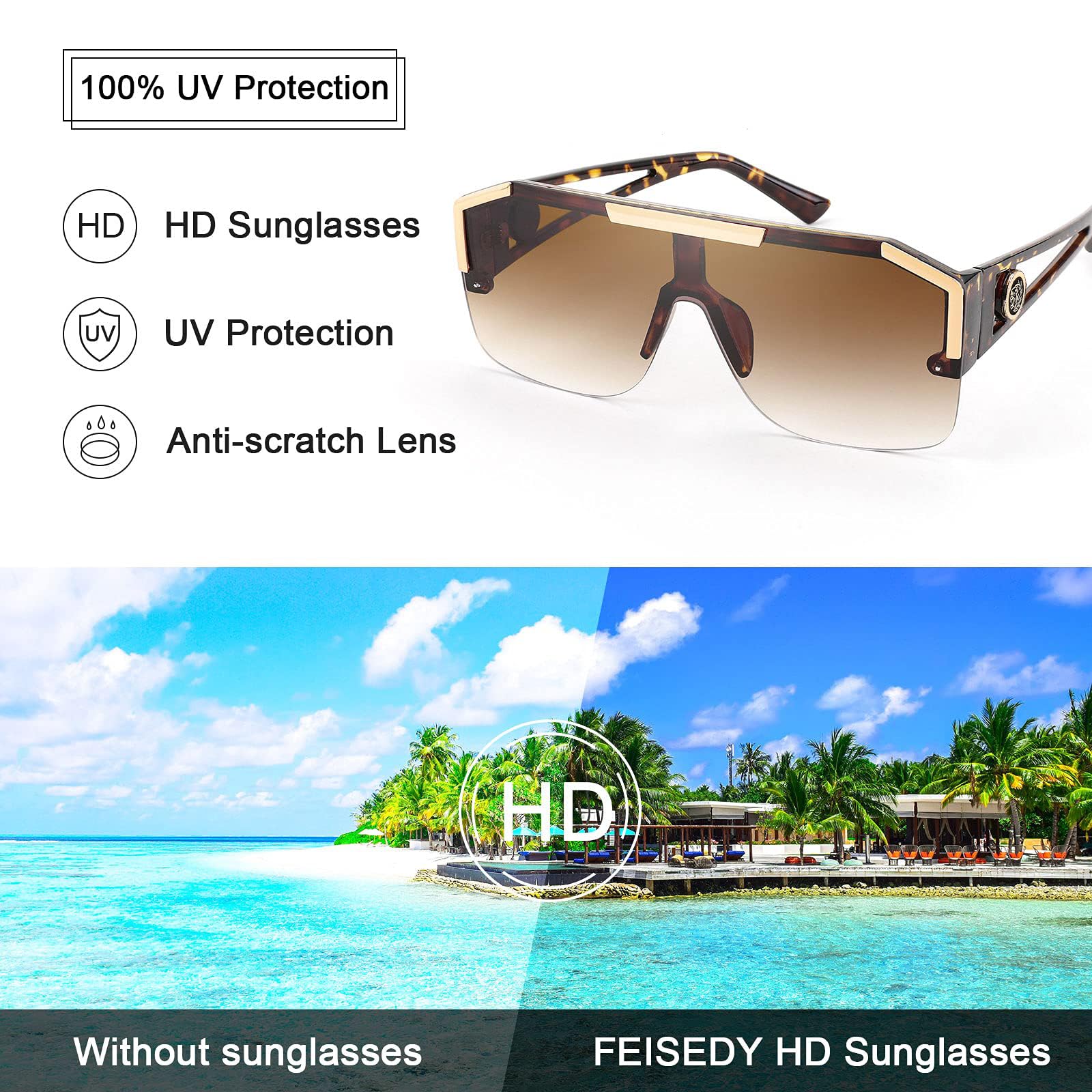 FEISEDY Square Oversized Sunglasses for Men Women, Flat Top Shield One Piece Lens Sun Glasses Shades B2765