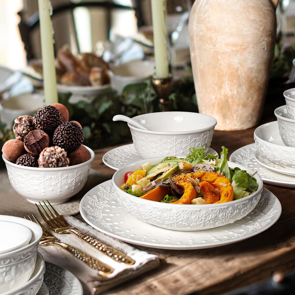 Large Salad Bowls Set of 4, 60oz White Serving Bowls Deep Deep Embossed Ceramic Mixing Bowl for Soup Kitchen, Eating, Ramen, Pasta, Dishwasher & Microwave Safe 8 inch (Multiple Patterns)