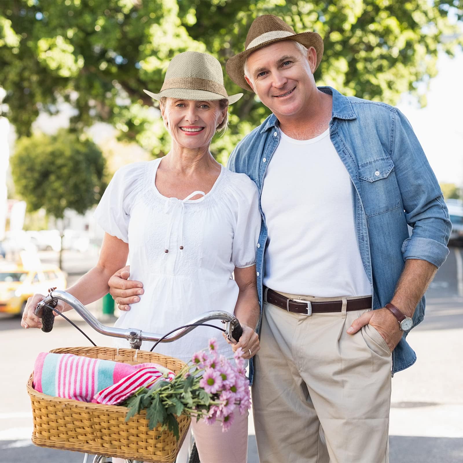 Forwe 4 Pack Straw Fedora Hat for Men Women Short Brim Trilby Hat Classic Panama Summer Beach Sun Hat