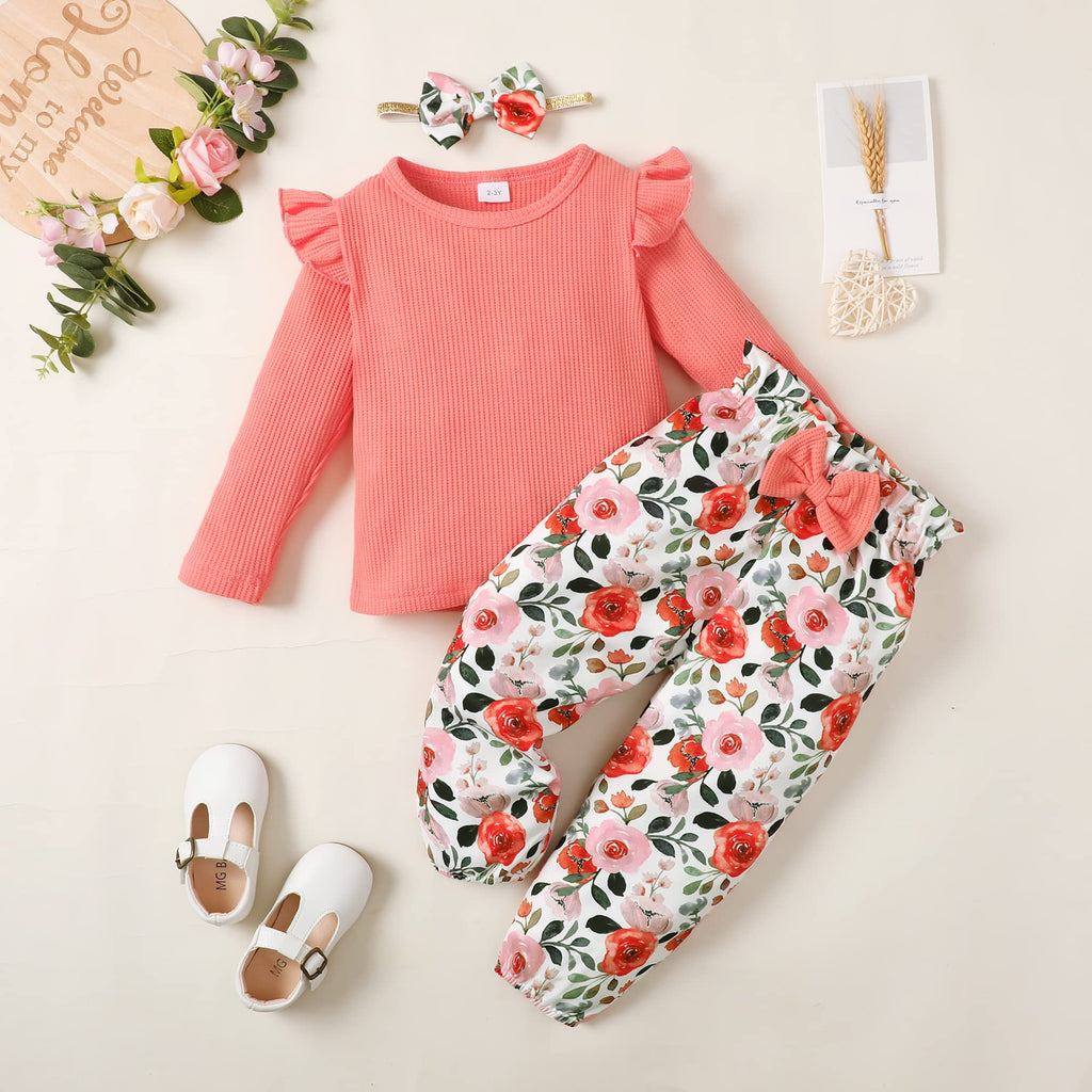 YALLET 3Pcs Toddler Girl Clothes Solid Color Long Sleeves Ruffle Top+Floral Pants+Headband 1-6 Years Fall/Winter Outfits Set