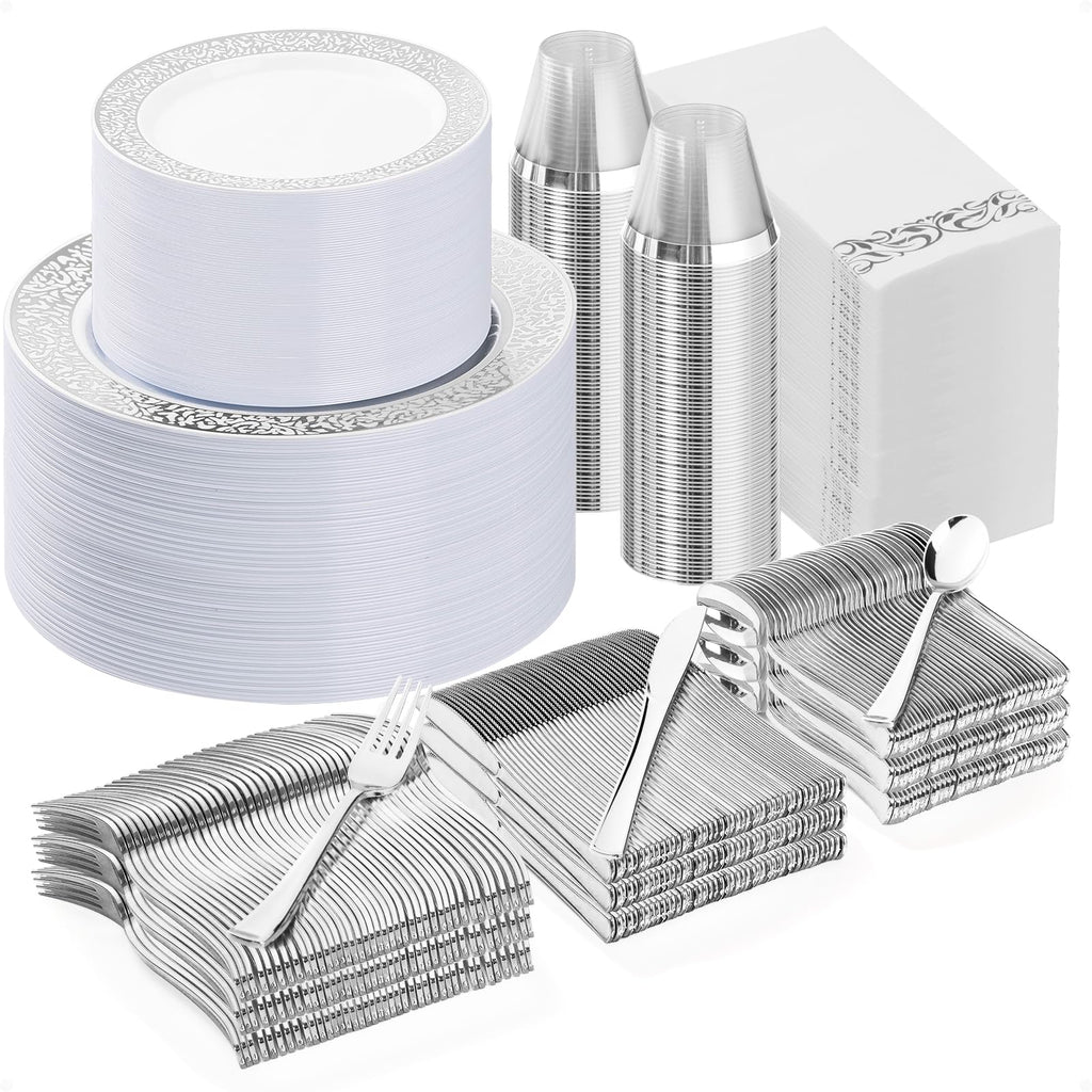 700PCS Gold Plastic Dinnerware Set for 100 Guests, Disposable Plates for Party, Include 100 Gold Dinner Plates, 100 Dessert Plates, 100 Set Silverware, 100 Cups, 100 Napkins