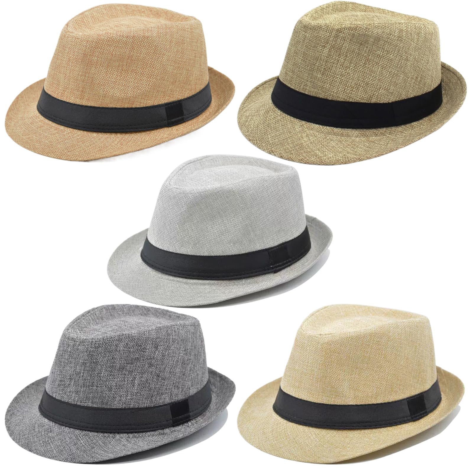 5 Pack Bulk Cuban Fedora Sun Hats Men with Adjustable Strap, Short Brim 1920s Unisex Party Costume Hats Women.