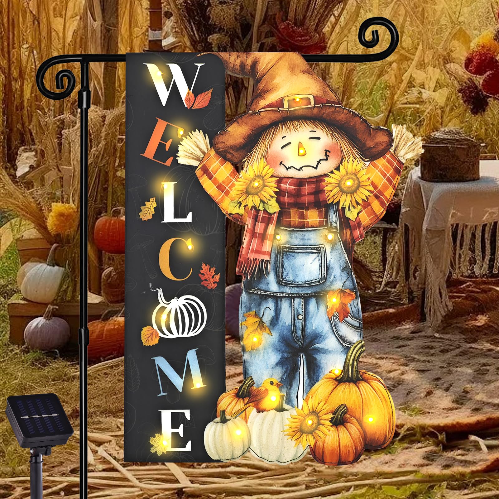 Halloween Lighted Garden Flag for Outside, Led Solar Yard Flag 8 Modes Witch Feet Shape Flag, 12x18 Double Sided Cauldron Eyeball Black Cat Decorations for Home Porch