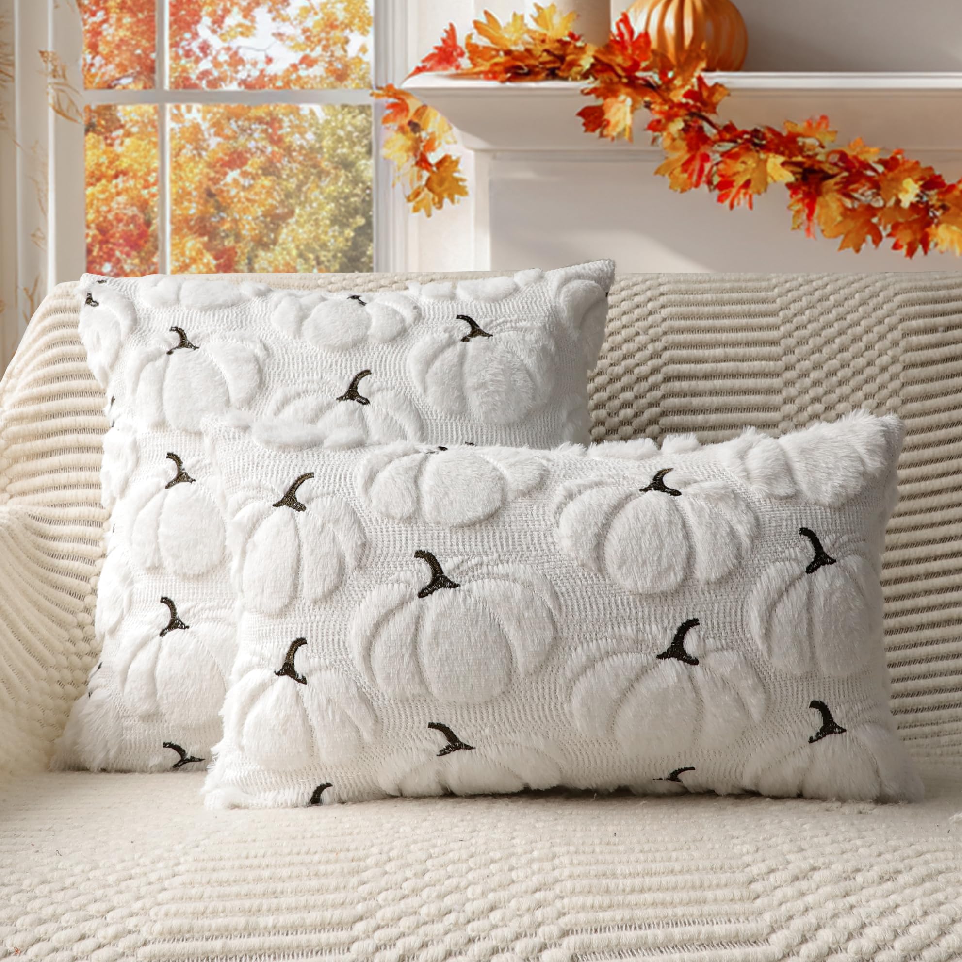 4TH Emotion Fall Pumpkins Decorative Pillow Covers 18x18 Set of 2, Beige Soft Plush Faux Fur Wool Farmhouse Throw Cushion Cases for Autumn Thanksgiving Holiday Home Decorations