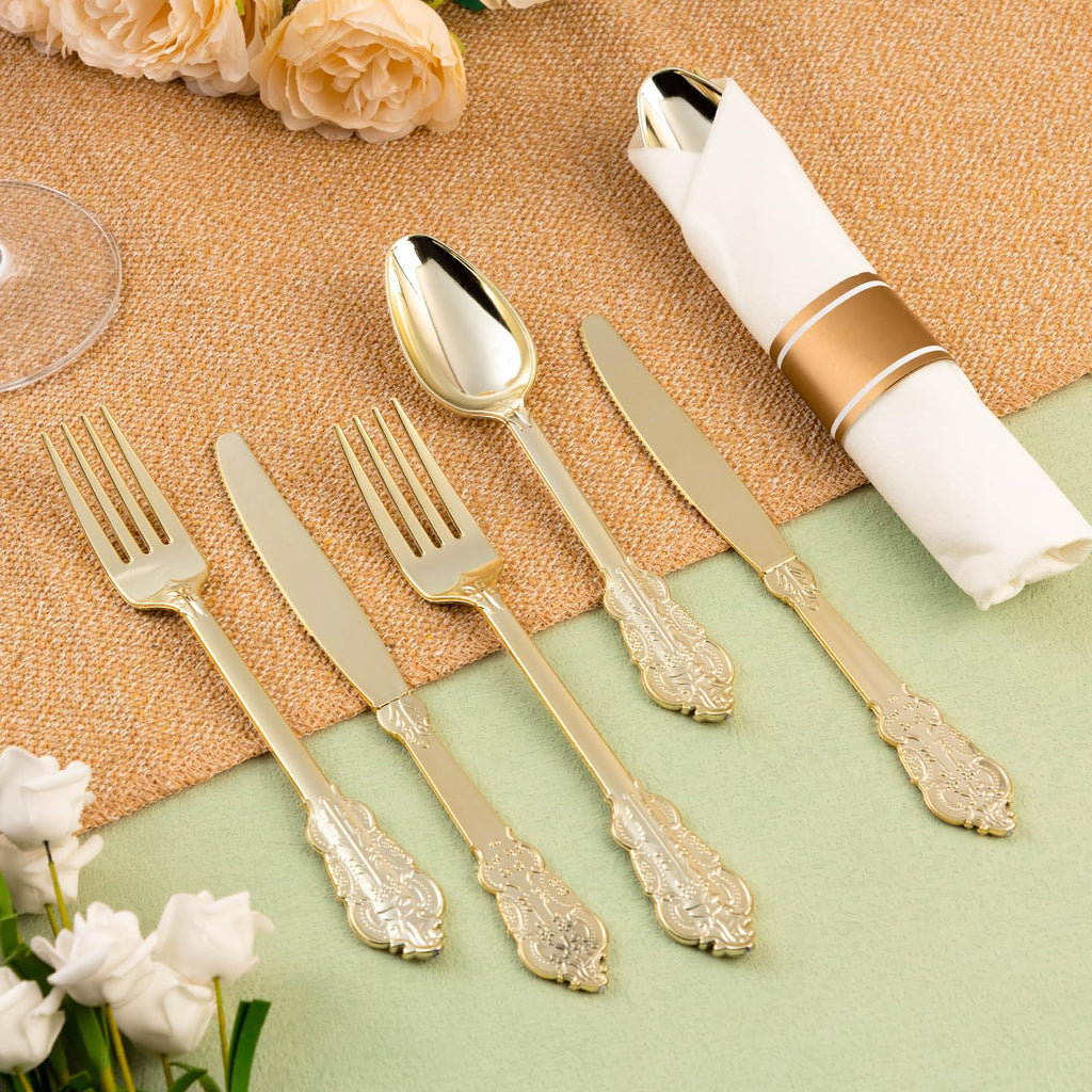 75PCS Gold Plastic Silverware for 25 Guests, Heavy Duty Gold Disposable Utensils Sets, Includes 25 Forks, 25 Spoons, 25 Knives, Elegant Cutlery Perfect for Wedding, Party