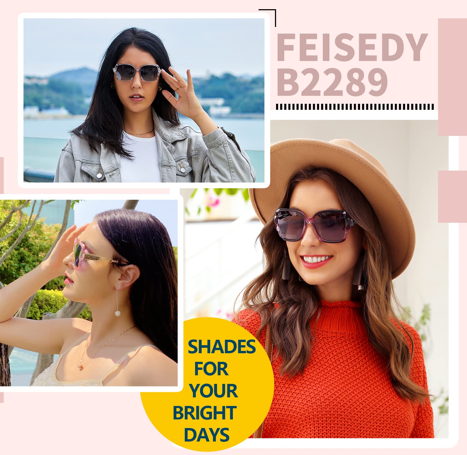 FEISEDY Polarized Women Square Sunglasses Sparkling Composite Shiny Frame B2289