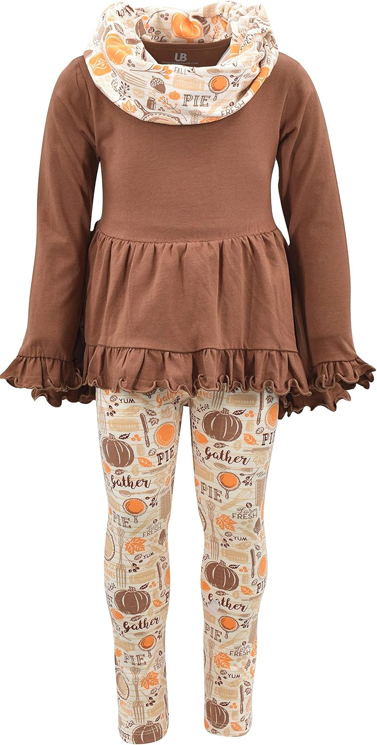 Unique Baby Girls Kids Toddler 3pc Outfit Set Long Sleeve Cotton Blend Tunic Top Leggings and Scarf