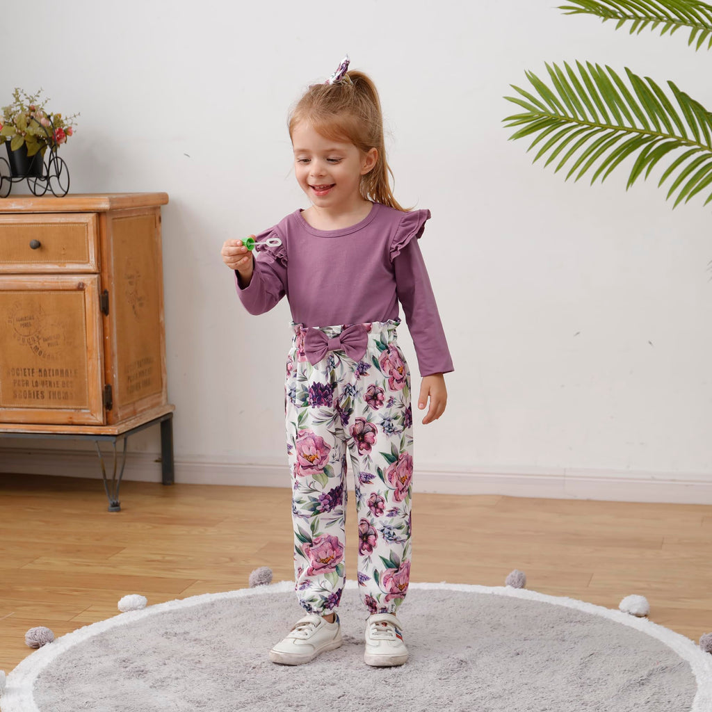 SANMIO Toddler Girl Clothes Outfits Cute Ruffle Sleeve Shirt Floral Pant+Headband 3Pcs Baby Girl Clothing Set 1-6T