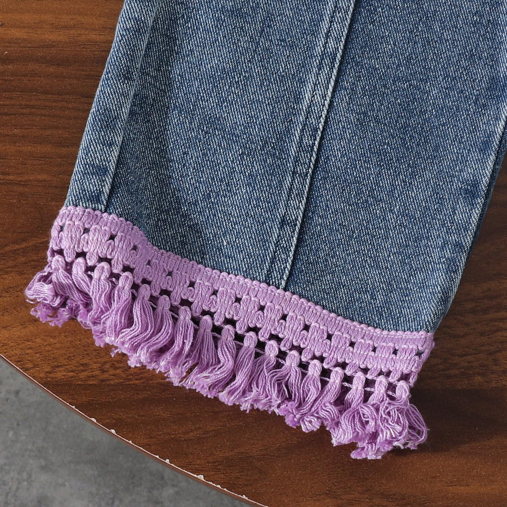 3-7 Years Toddler Girls Pants Set - Tassel Top & Washed Denim Pants Fall Winter Clothing Outfits Set for Girls