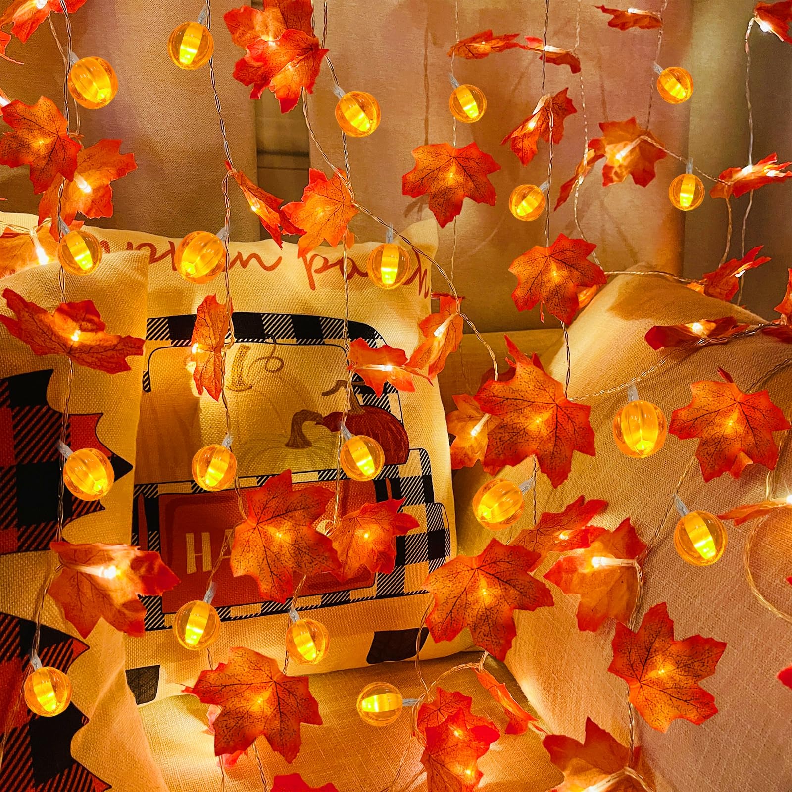 3 Pack Fall Garland with Pumpkin Lights & Enlarged Maple Fall Halloween String Lights Pumpkin Decor, 30Ft 60LED Waterproof Battery Operated Fall Decorations for Home Thanksgiving Decor Indoor Outdoor