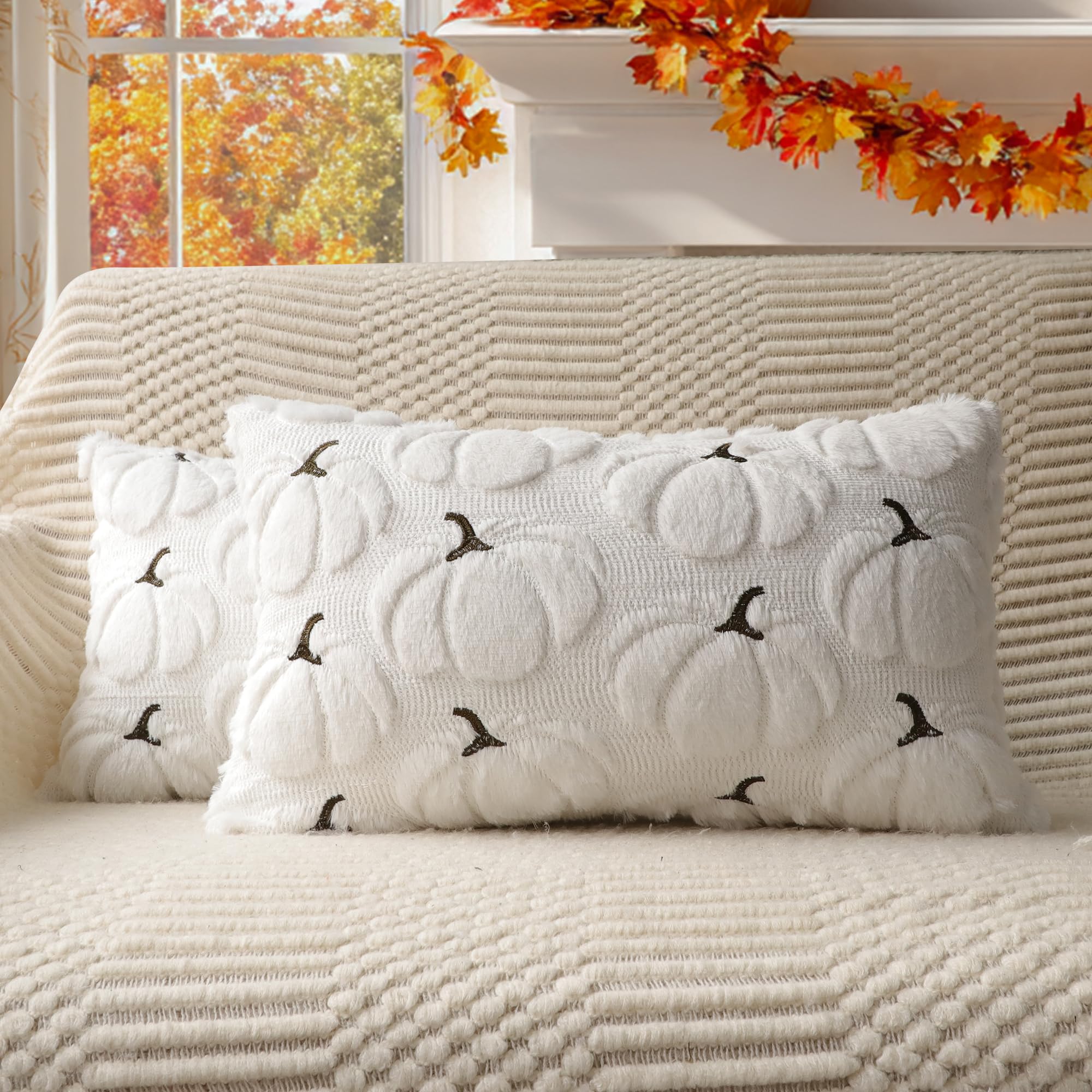 4TH Emotion Fall Pumpkins Decorative Pillow Covers 18x18 Set of 2, Beige Soft Plush Faux Fur Wool Farmhouse Throw Cushion Cases for Autumn Thanksgiving Holiday Home Decorations