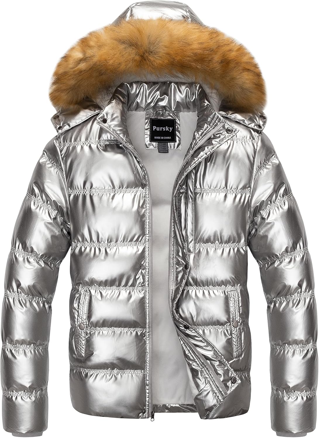 Pursky Men's Puffer Jacket Waterproof Winter Bubble Coats Ski Parka Fur Hooded