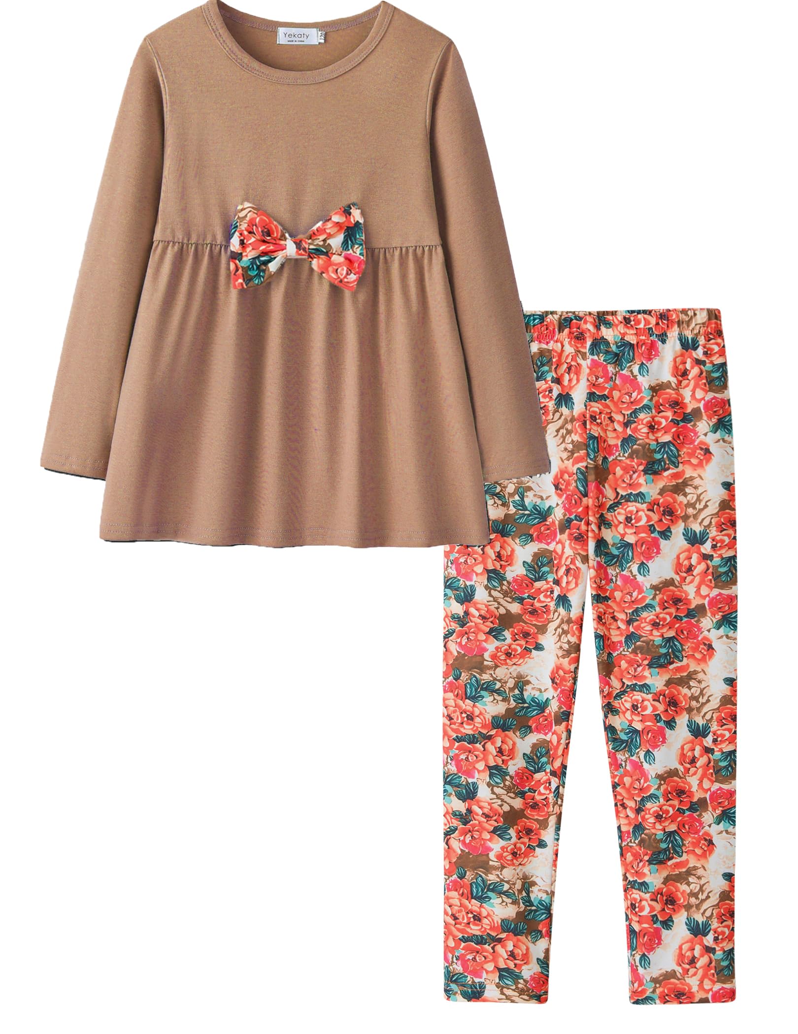 Yekaty Girls Clothing Set 2 Pcs Floral Soft Crewneck Long Sleeve Top+Leggings Loose Outfits With Bowknot