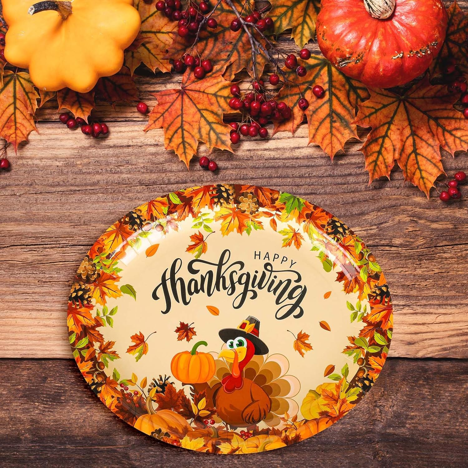 50Pcs Thanksgiving Oval Paper Plates Turkey Pumpkin Pattern Disposable Plates Large Decorative Tableware for Fall Autumn Harvest Party Decor Supplies