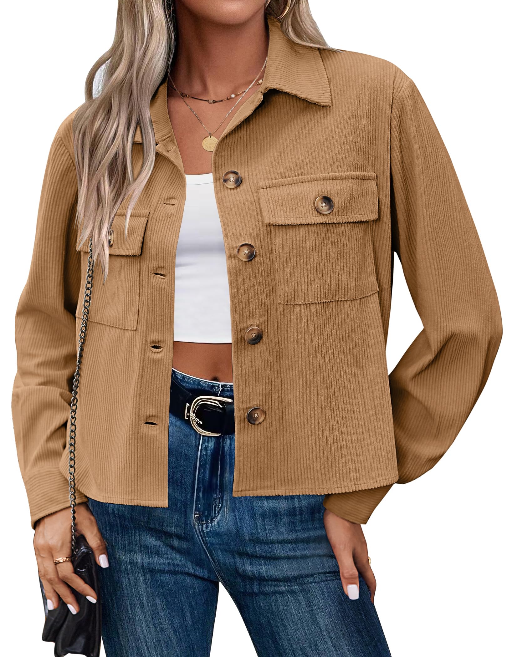 Zeagoo Womens Fashion Cropped Corduroy Shackets Button Down Jackets Tops Fall Trendy Long Sleeve Shirts