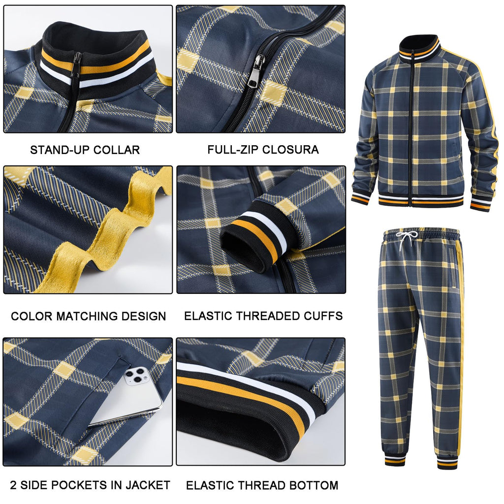 Men Tracksuits Full-zip Long Sleeve Plaid Track Jackets and Pants 2 Piece