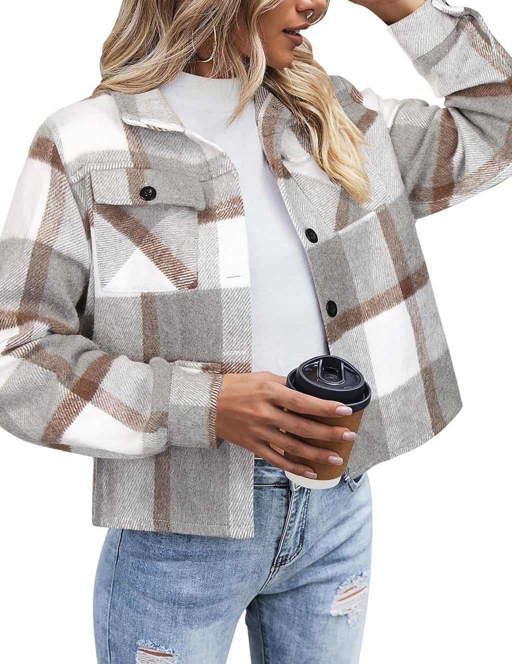 Zeagoo Flannels for Women Cropped Shacket Jacket Fashion Plaid Button Down Shirt 2025 Fall Coat Tops