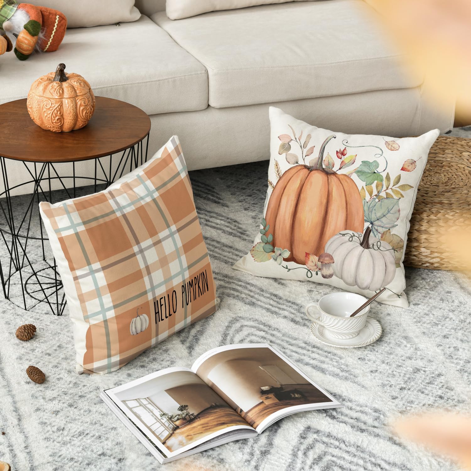 AVOIN colorlife Hello Fall Hello Pumpkin Throw Pillow Covers, 18 x 18 Inch Autumn Thanksgiving Harvest Orange Eucalyptus Decorations for Sofa Couch Set of 4