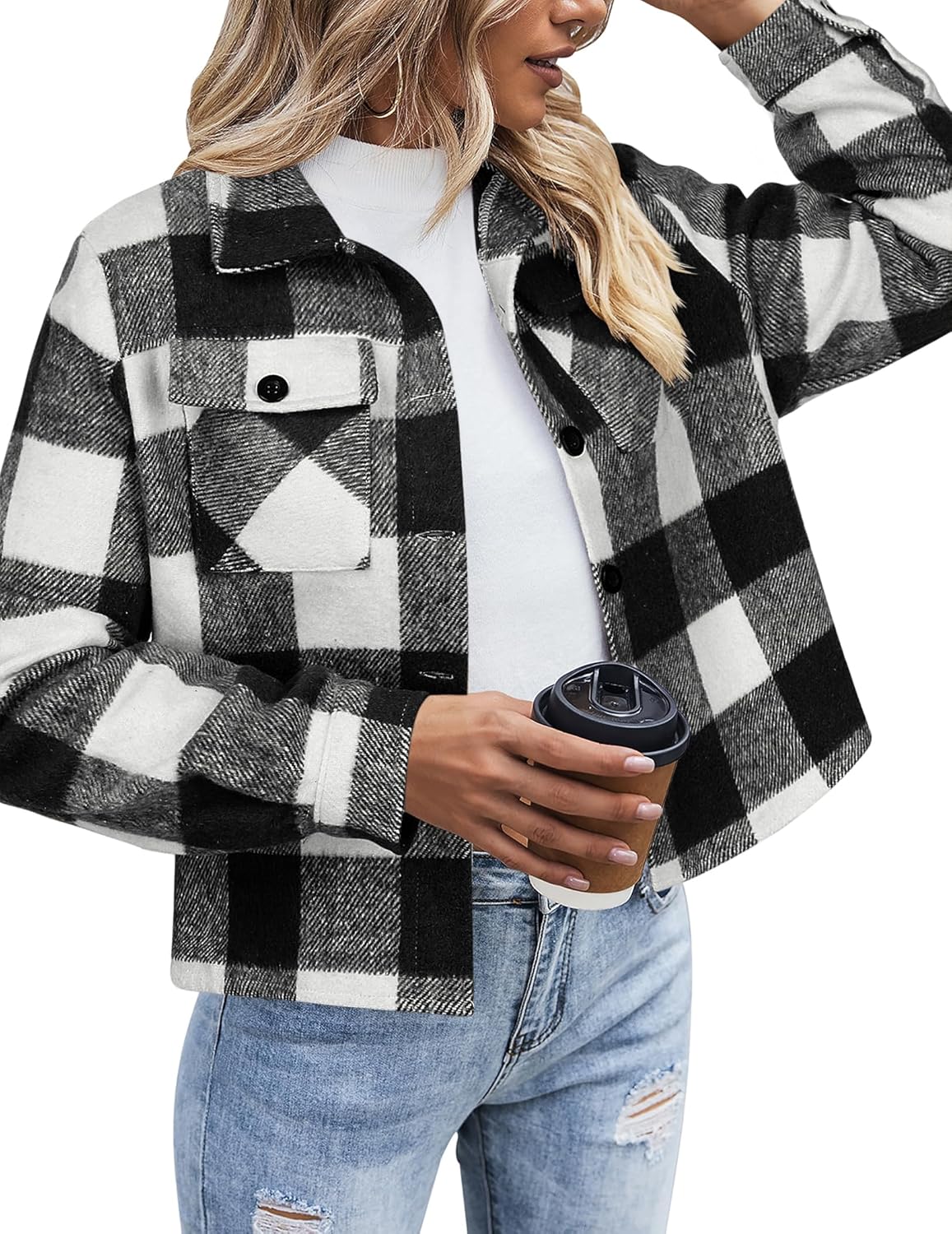 Zeagoo Flannels for Women Cropped Shacket Jacket Fashion Plaid Button Down Shirt 2025 Fall Coat Tops