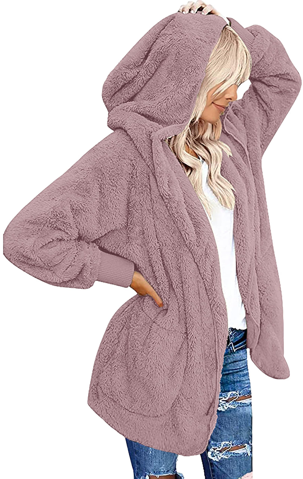 CHICGAL Womens Fuzzy Jacket Hooded Cardigan Open Front Sherpa Coat Outwear with Pockets