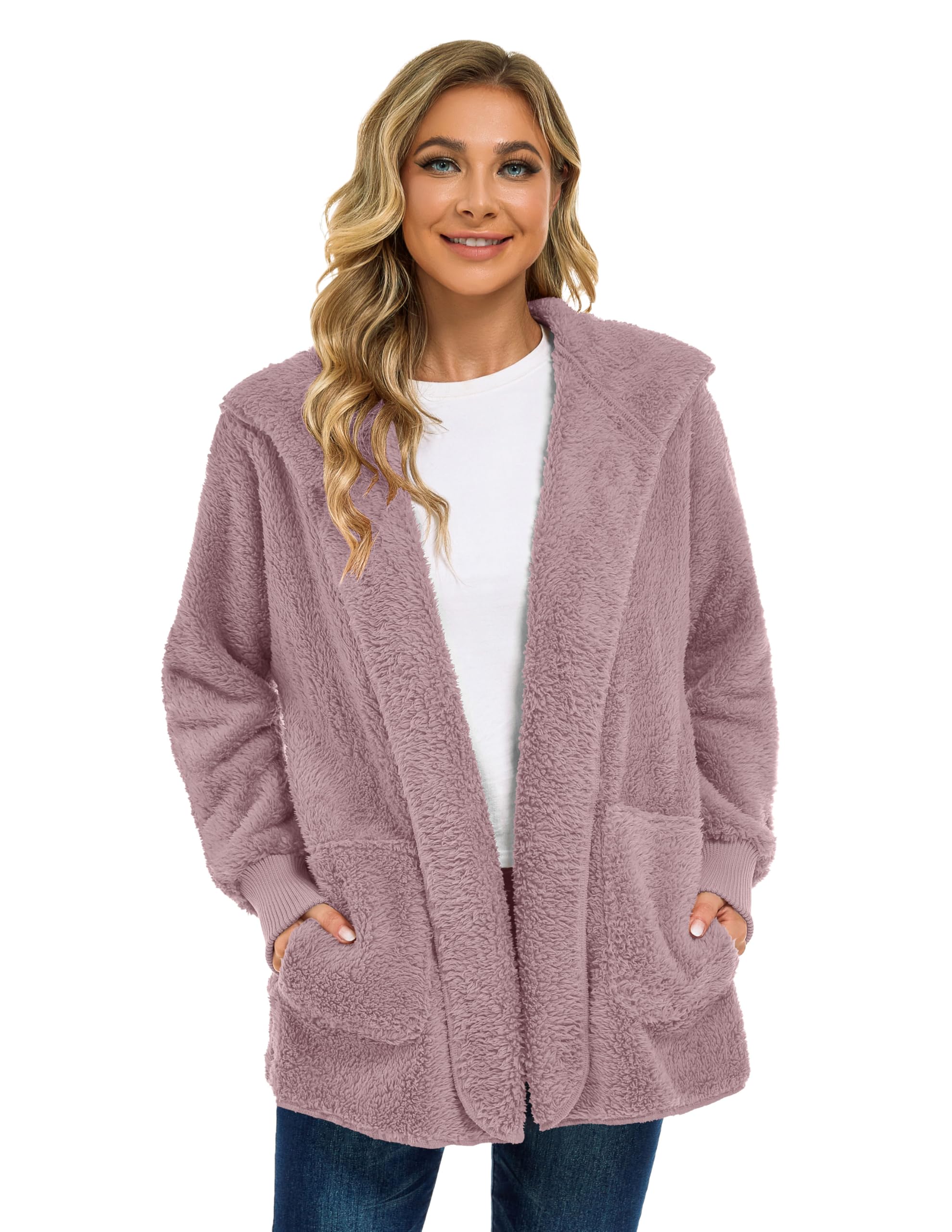 CHICGAL Womens Fuzzy Jacket Hooded Cardigan Open Front Sherpa Coat Outwear with Pockets