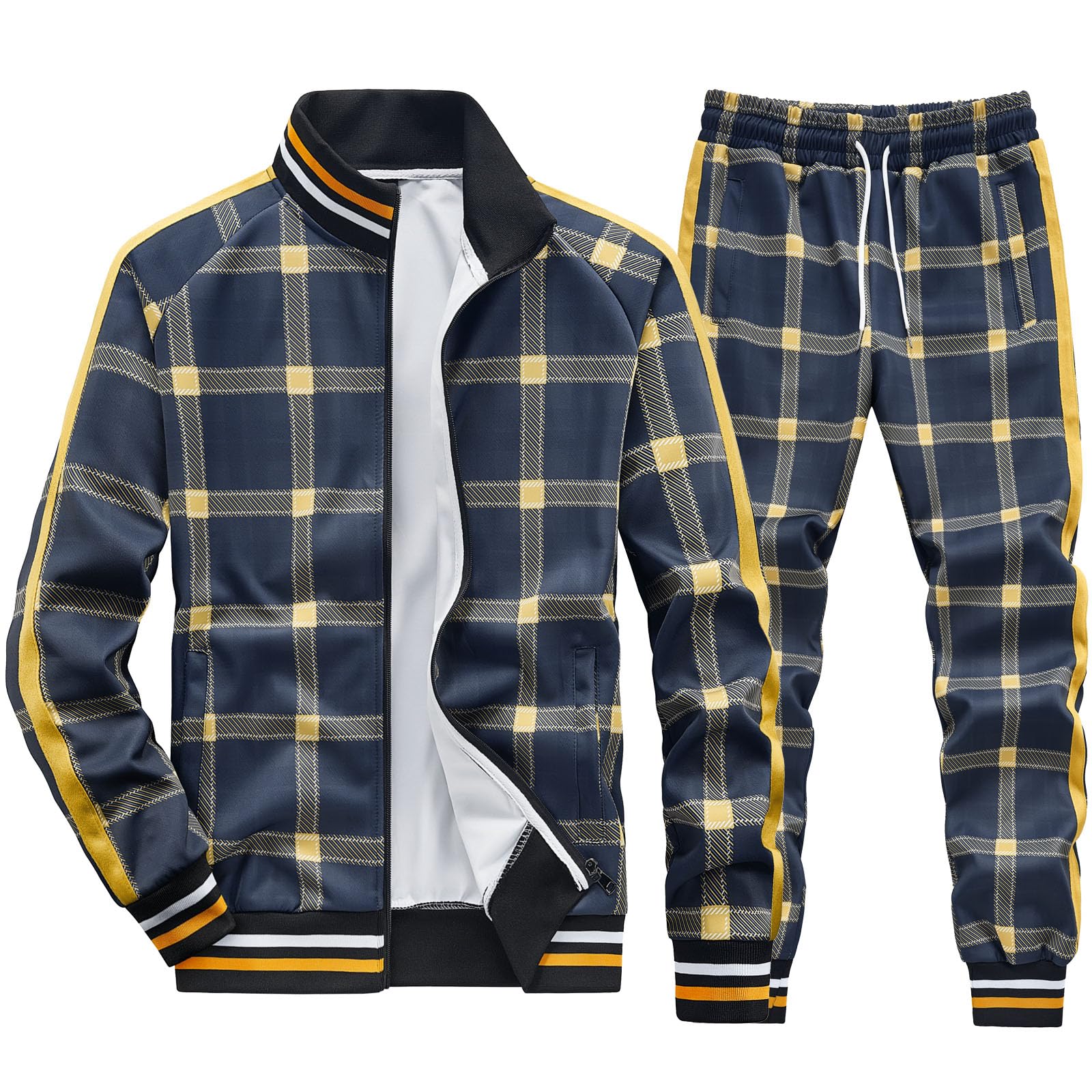Men Tracksuits Full-zip Long Sleeve Plaid Track Jackets and Pants 2 Piece