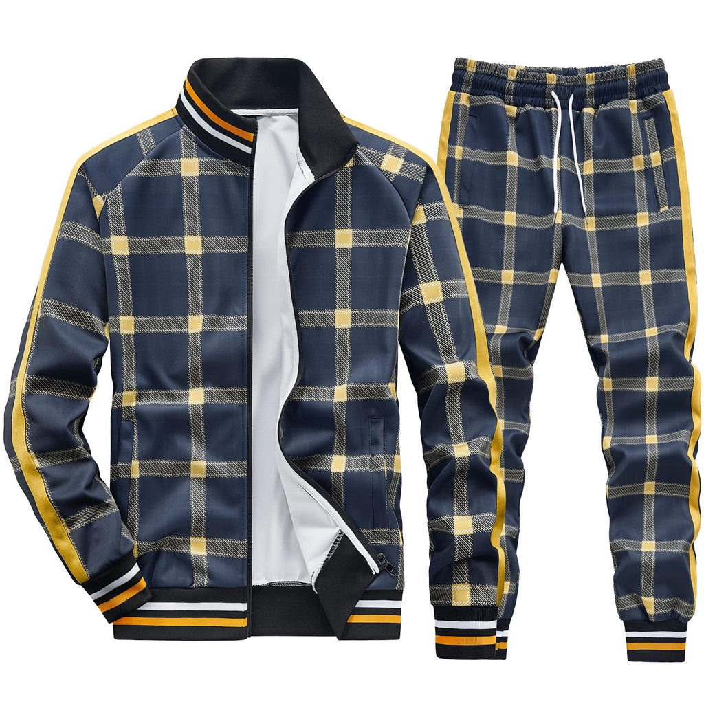 Men Tracksuits Full-zip Long Sleeve Plaid Track Jackets and Pants 2 Piece