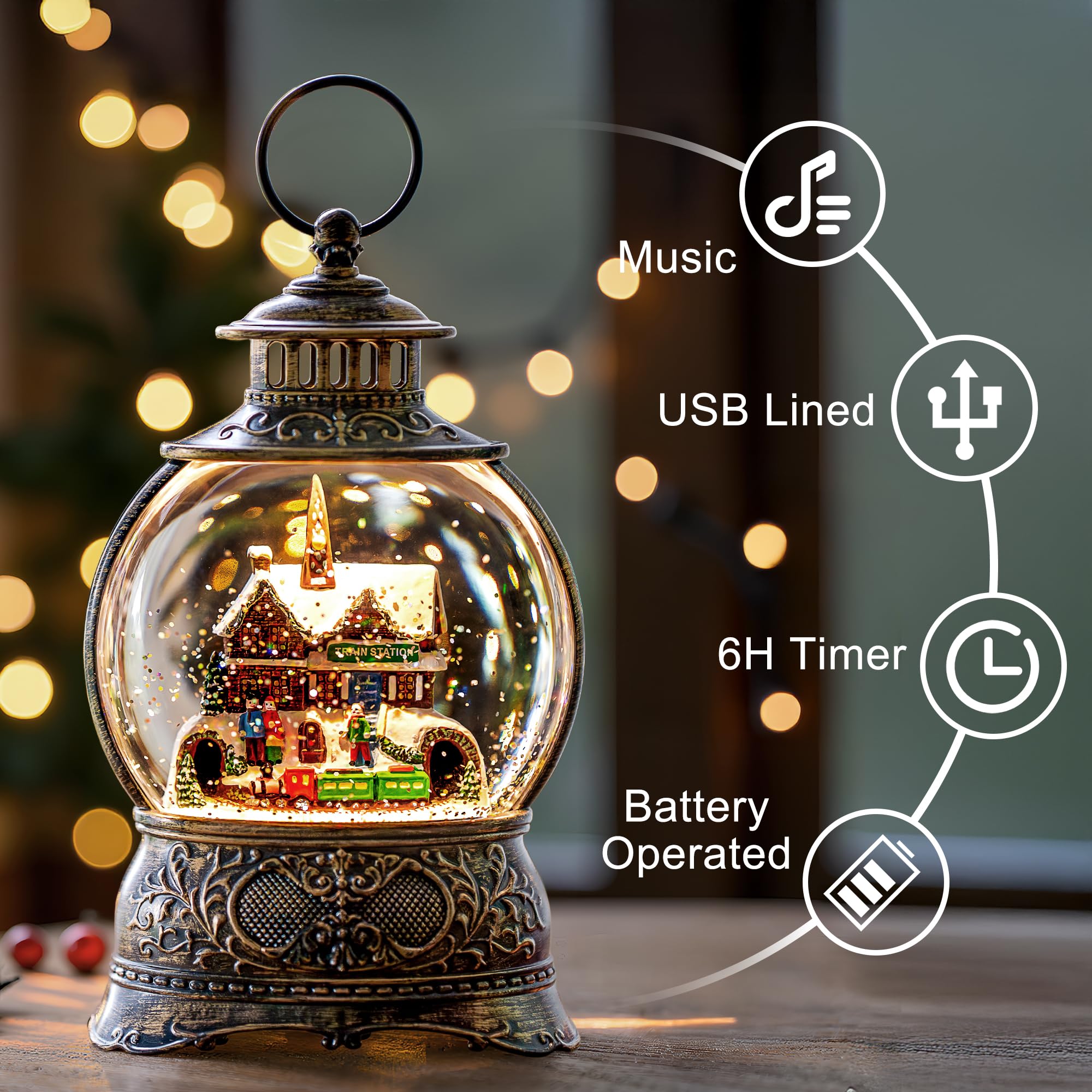 Fall Snow Globe Lantern with Autumn Turkey and Pumpkins Thanksgiving LED Decor for Home, Indoor Tabletop Centerpiece with Glitter Flakes, Harvest Light Decorations